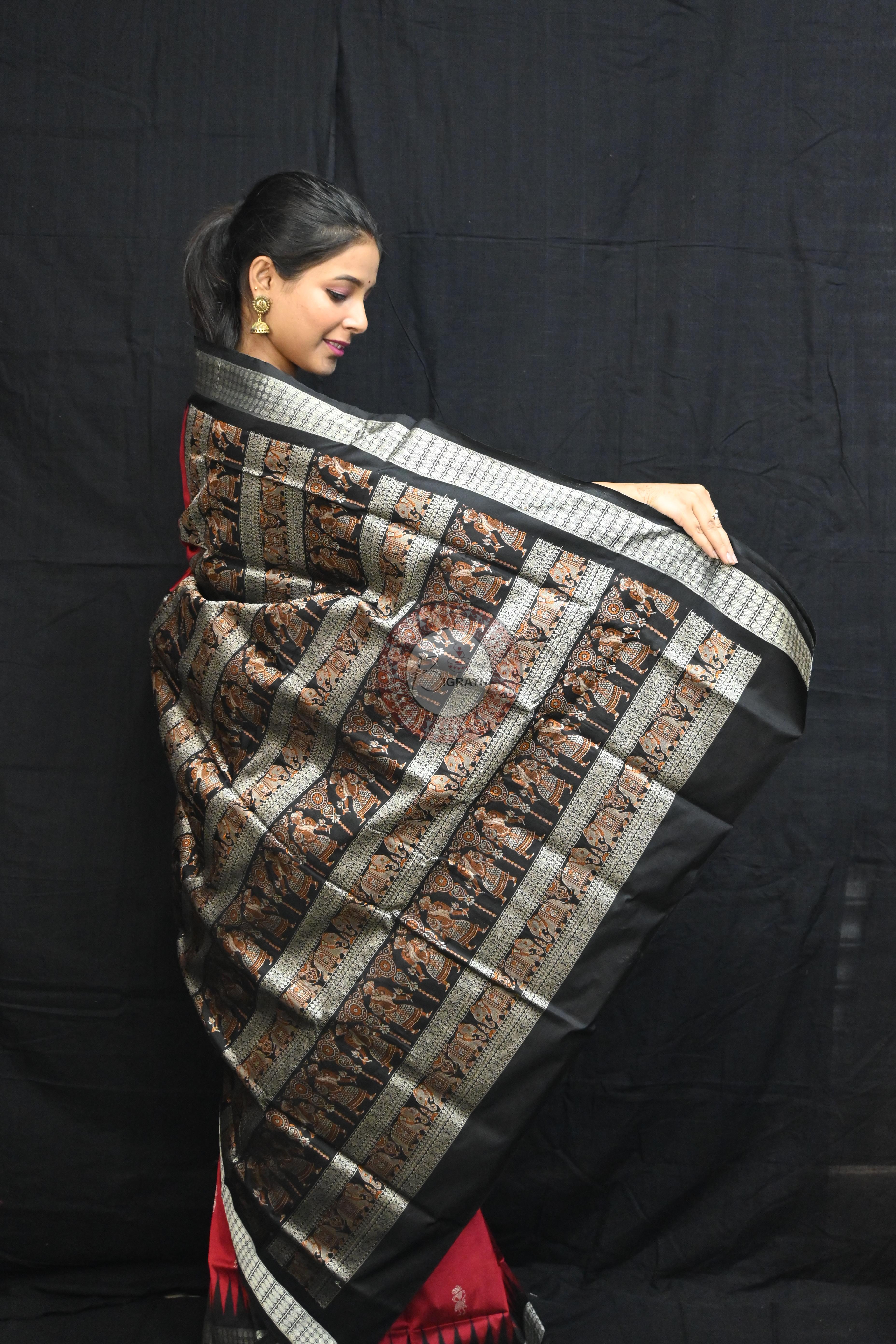 Maroon Black Jhumka Tribals Bomkai Silk Saree