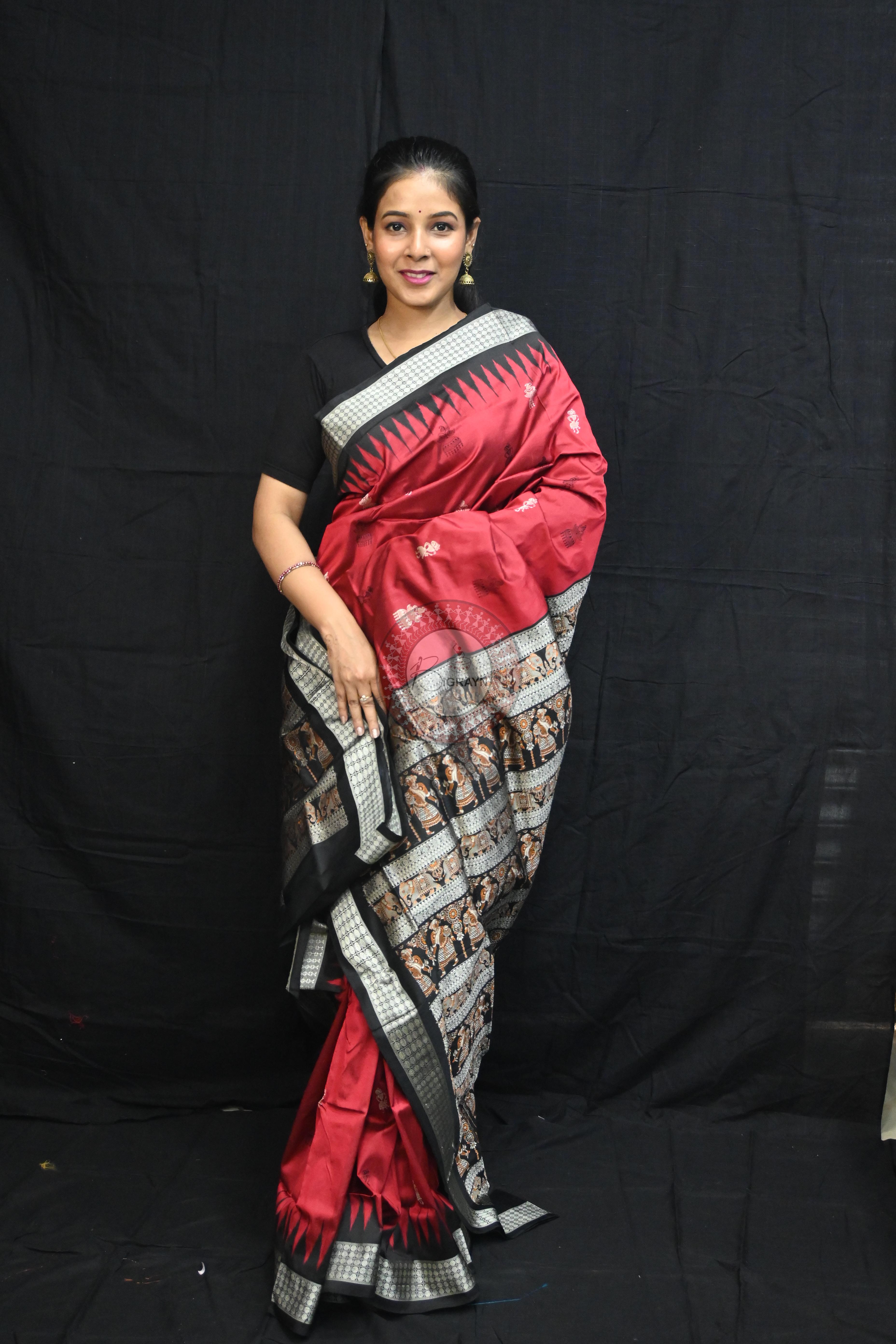 Maroon Black Jhumka Tribals Bomkai Silk Saree