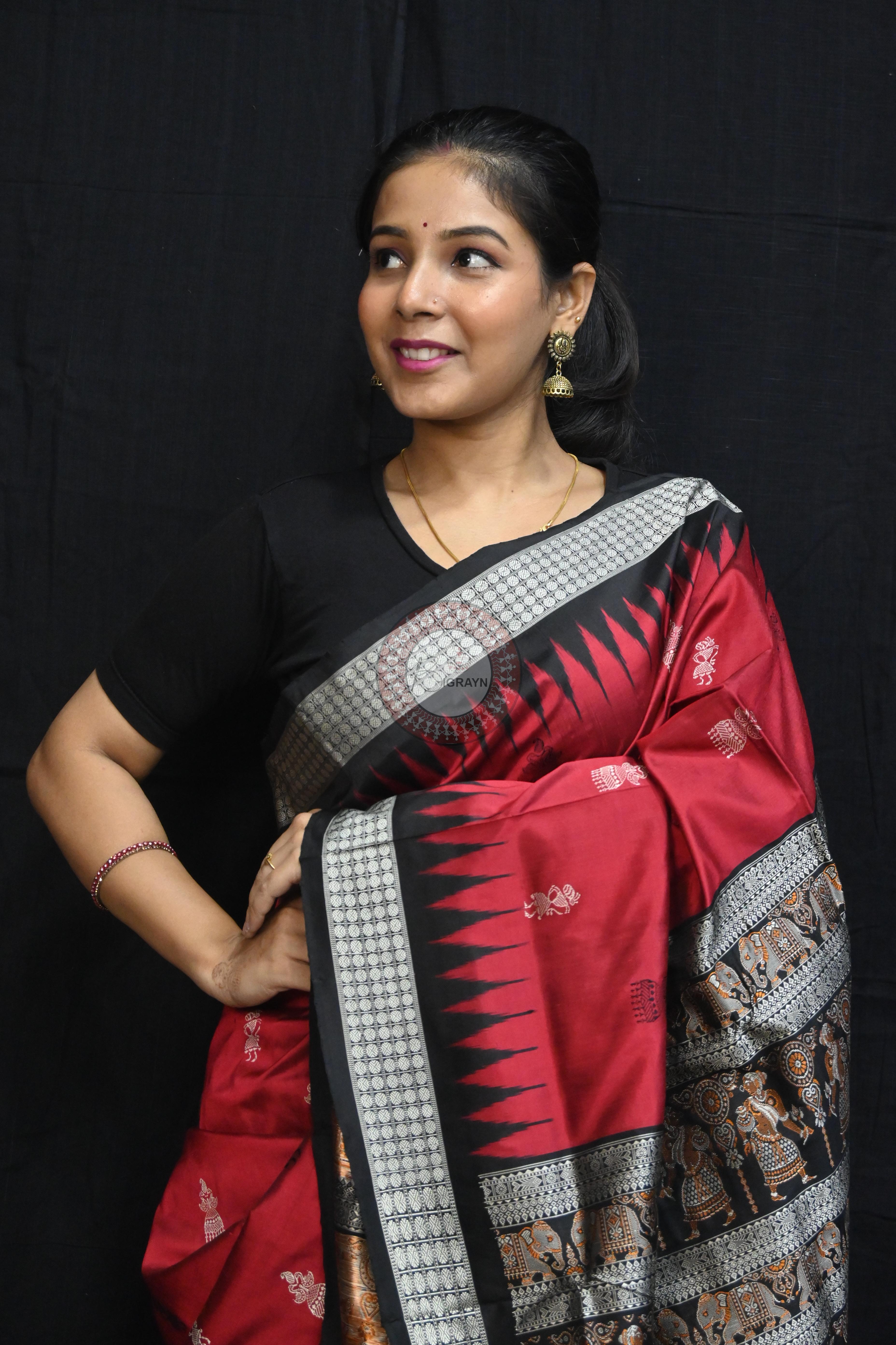 Maroon Black Jhumka Tribals Bomkai Silk Saree