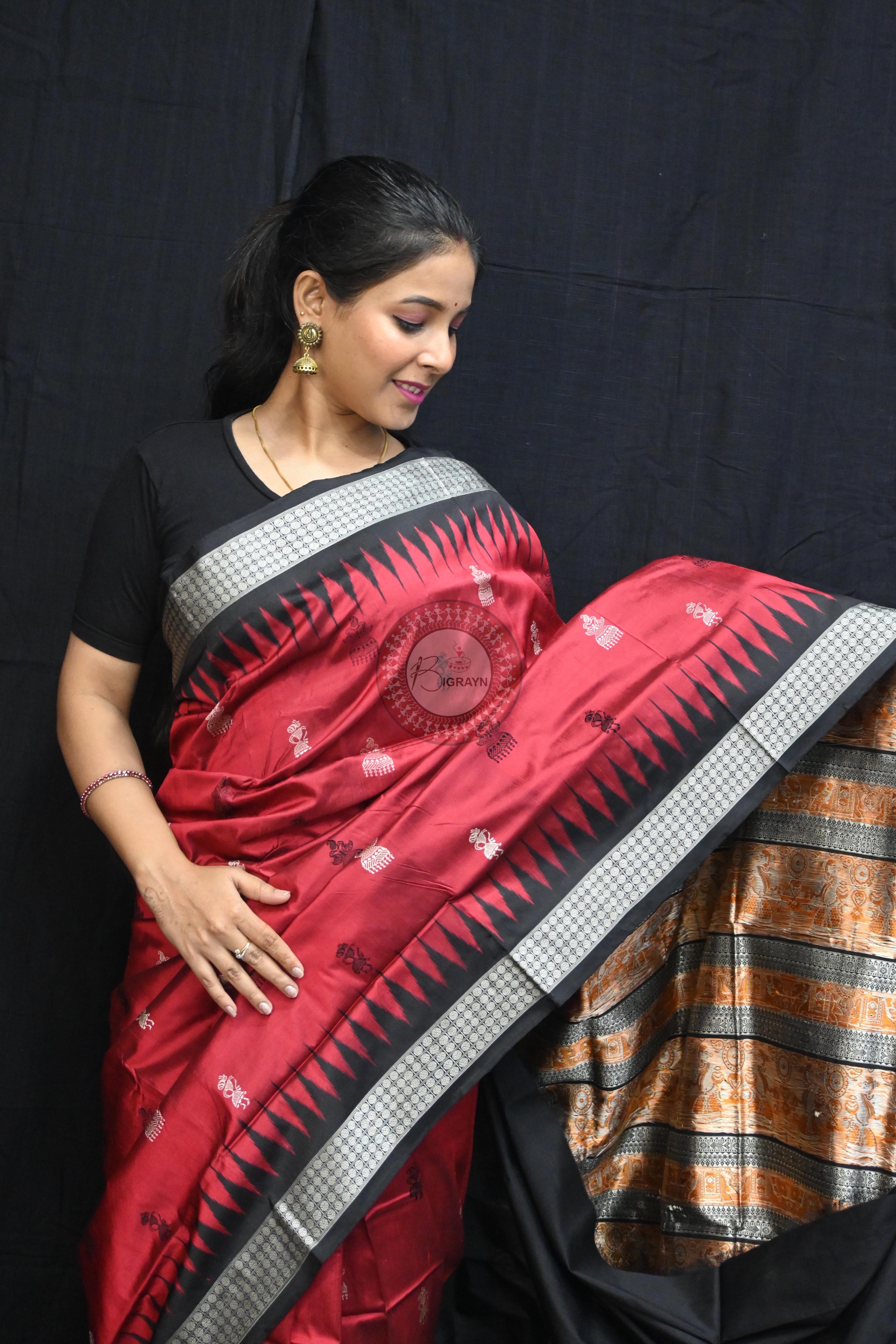 Maroon Black Jhumka Tribals Bomkai Silk Saree