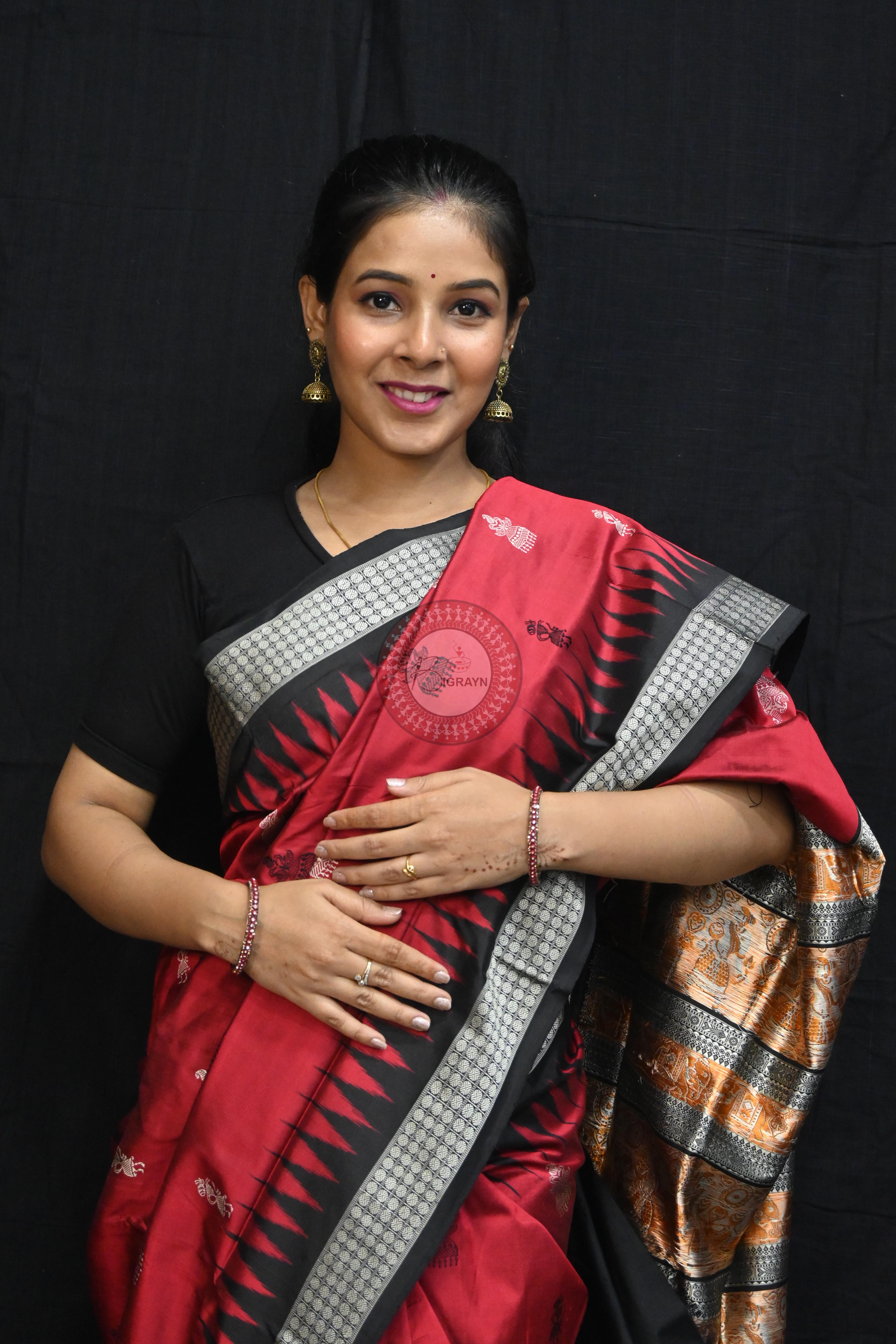 Maroon Black Jhumka Tribals Bomkai Silk Saree