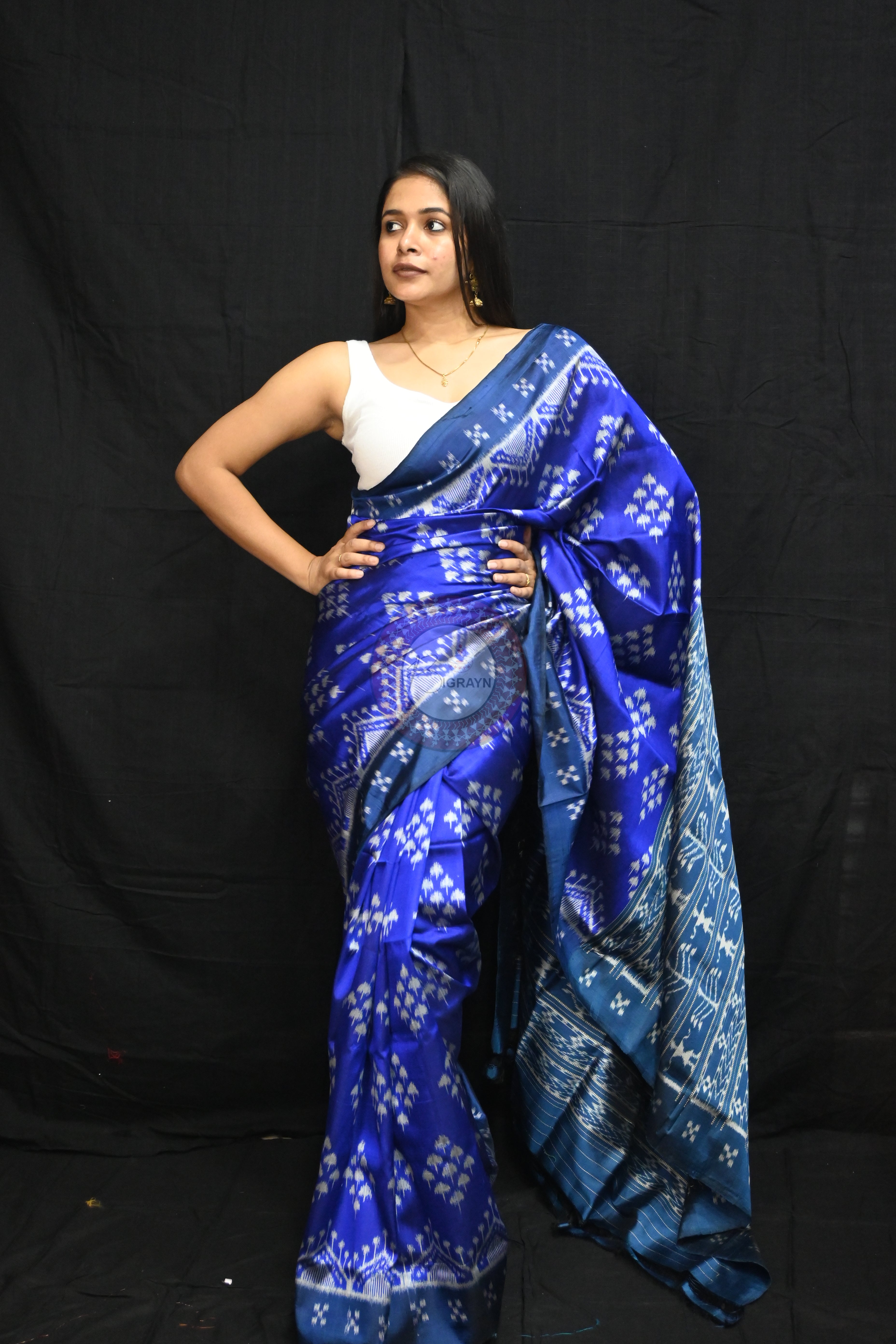 Ink Blue Mushroom Pasapali Border Mulberry Silk Saree
