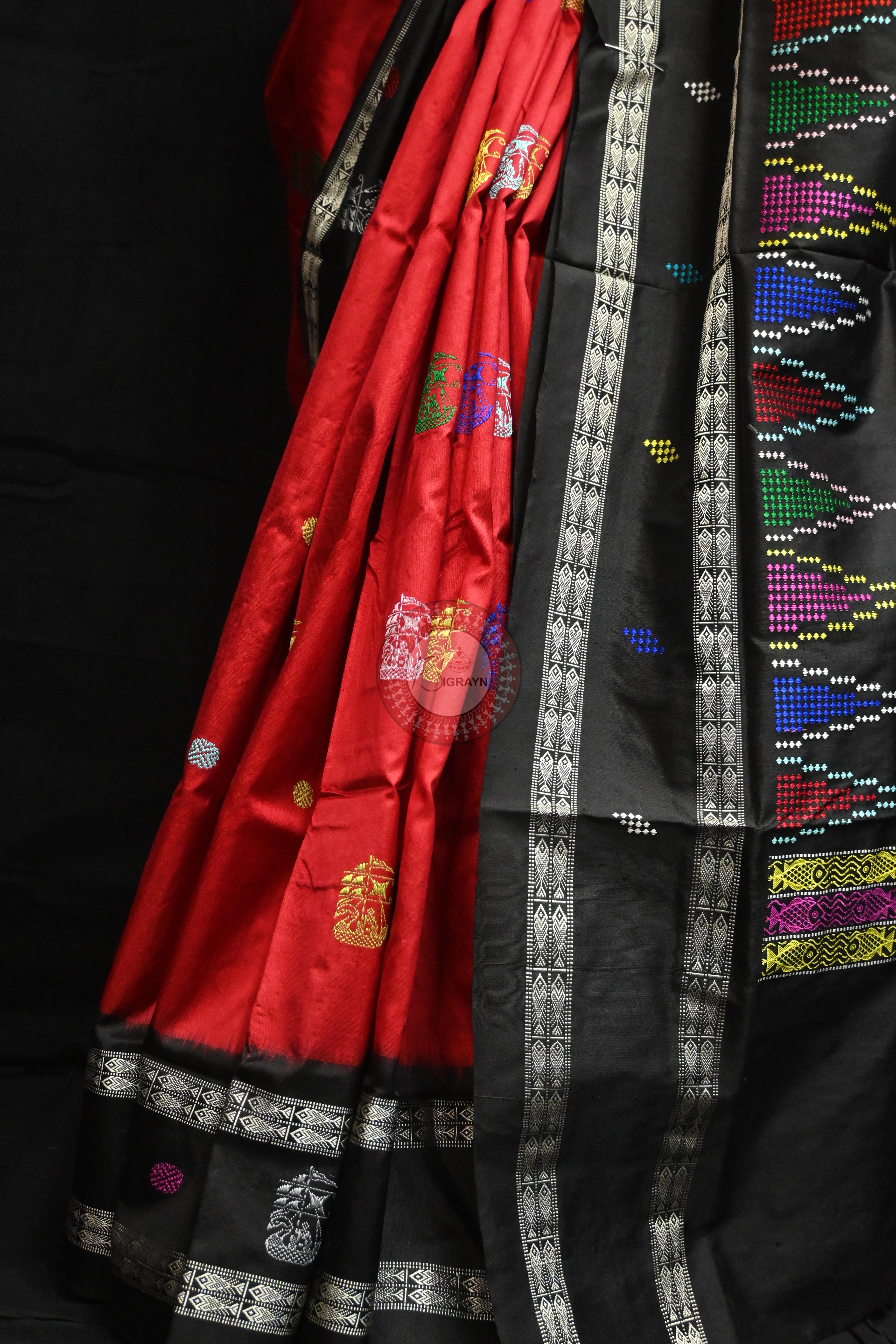Red Black Boita Bomkai Silk Saree