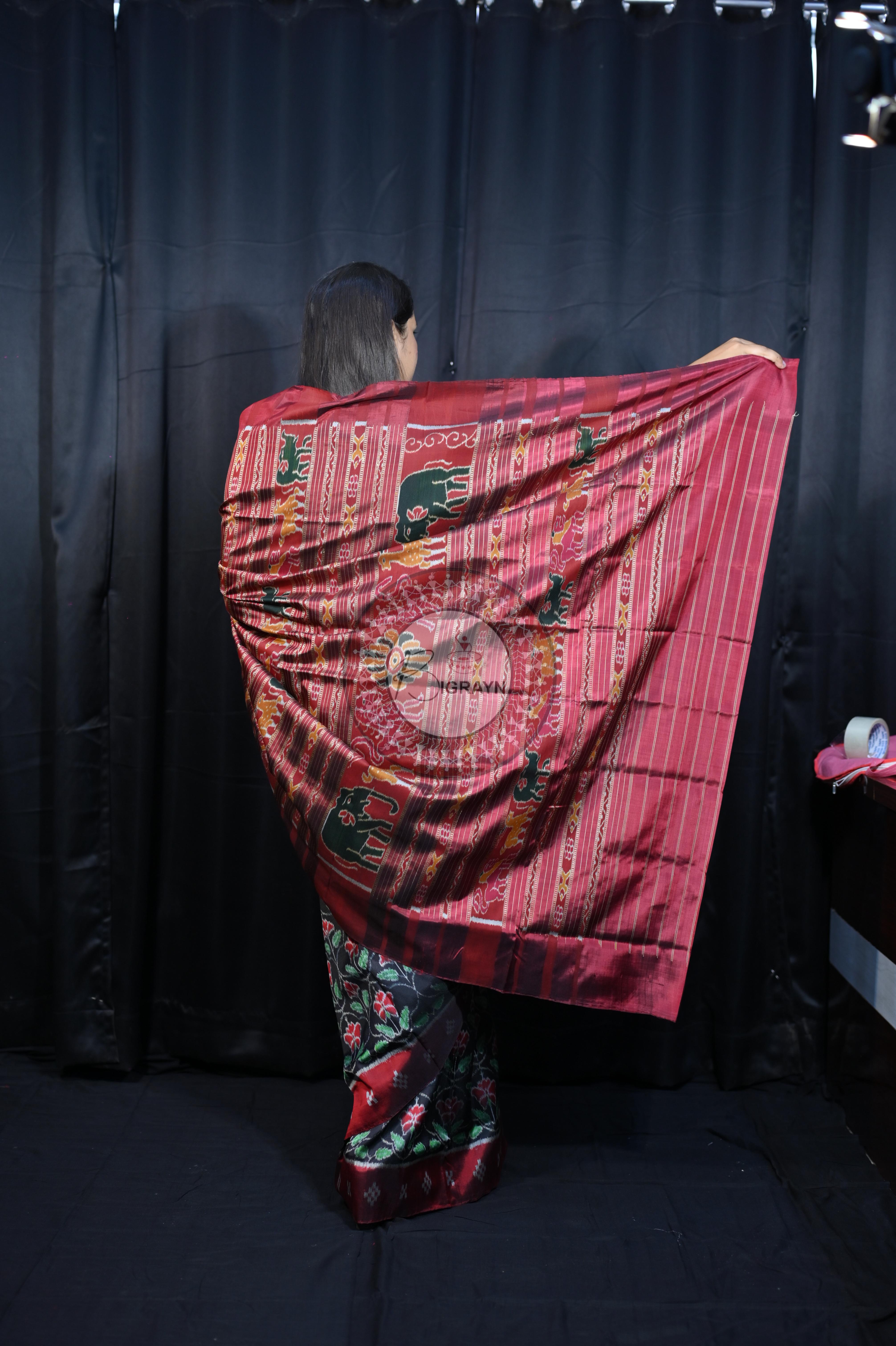 Black Maroon Hibiscus Mulberry Silk Saree