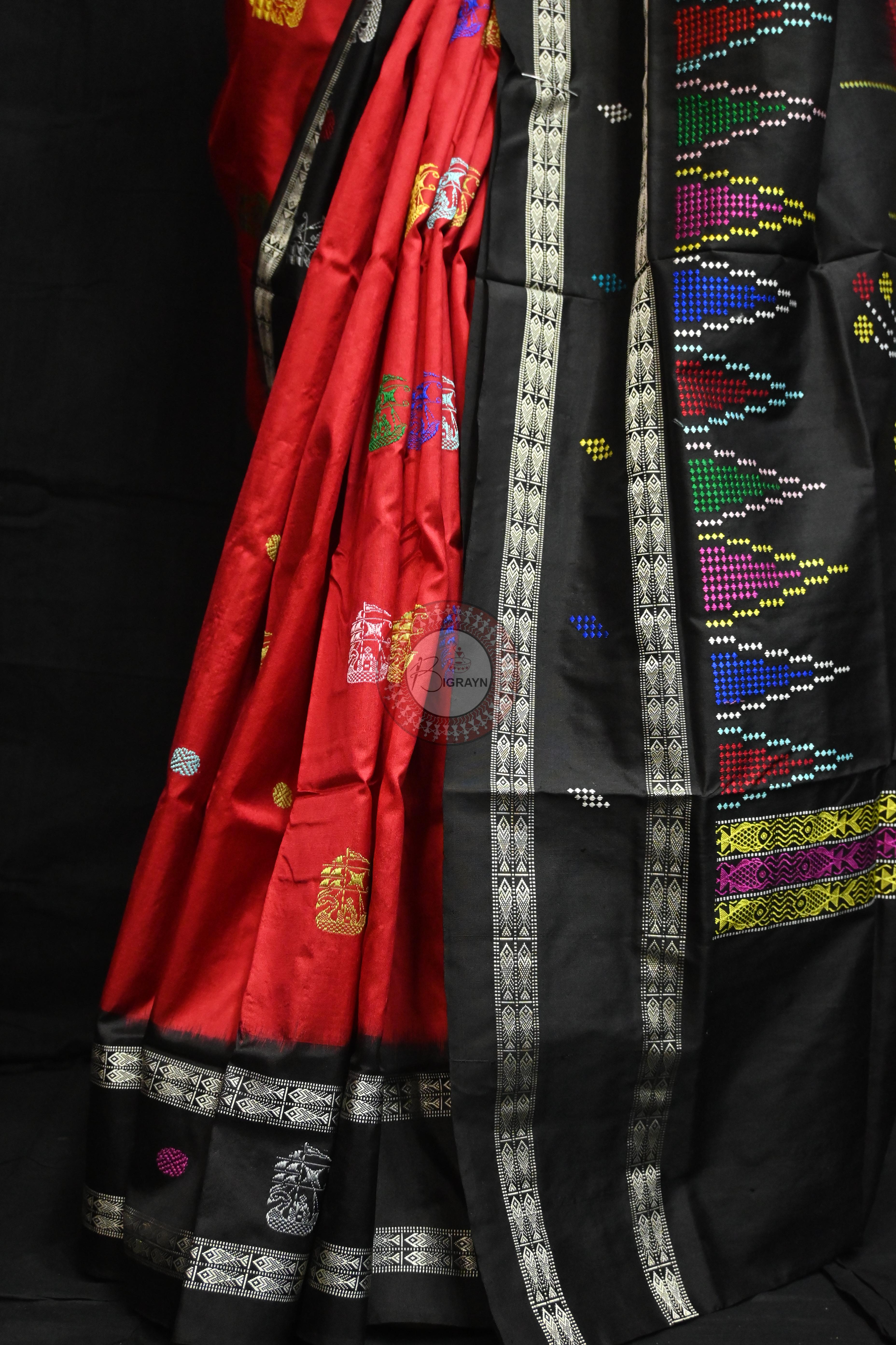 Red Black Boita Bomkai Silk Saree