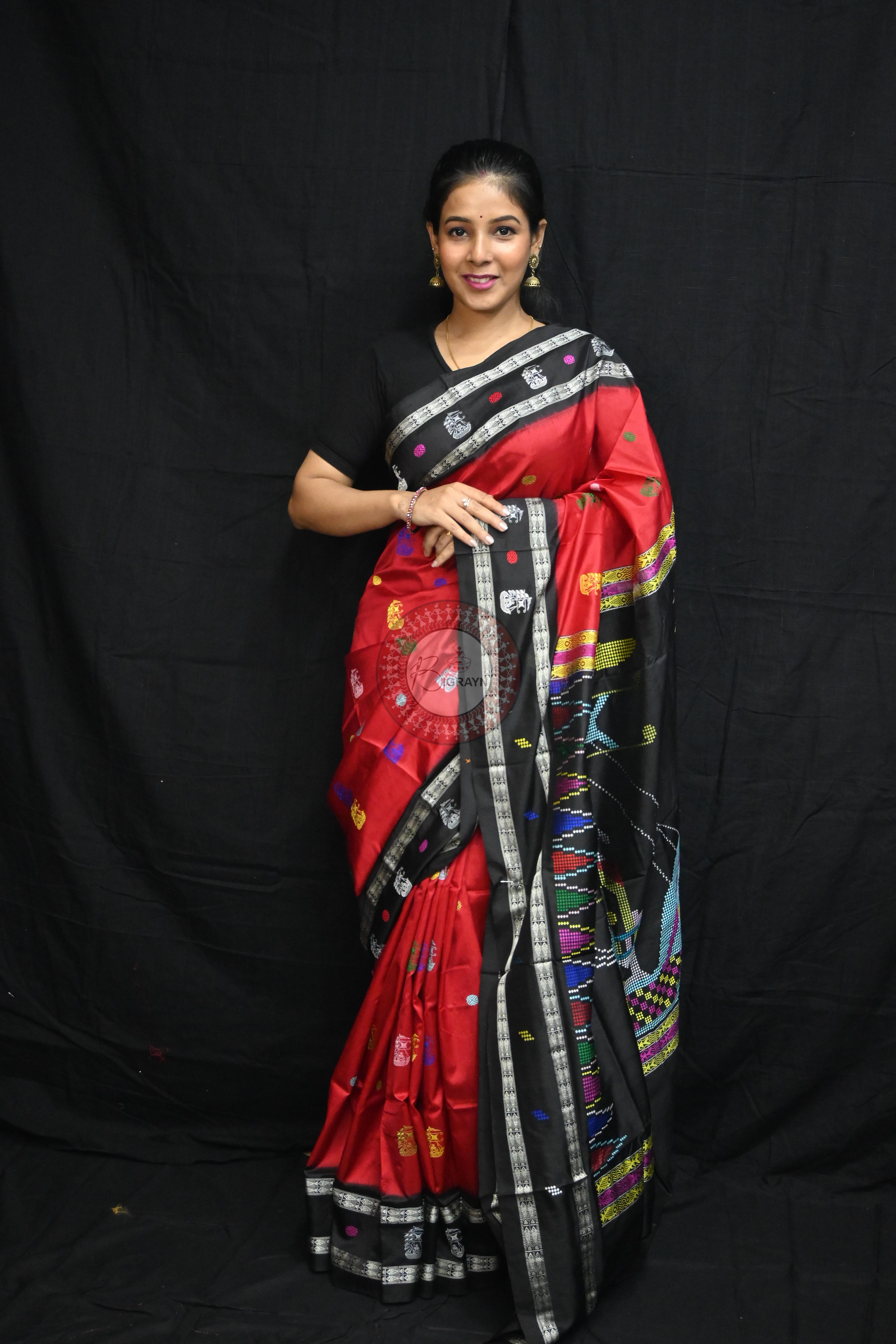 Red Black Boita Bomkai Silk Saree