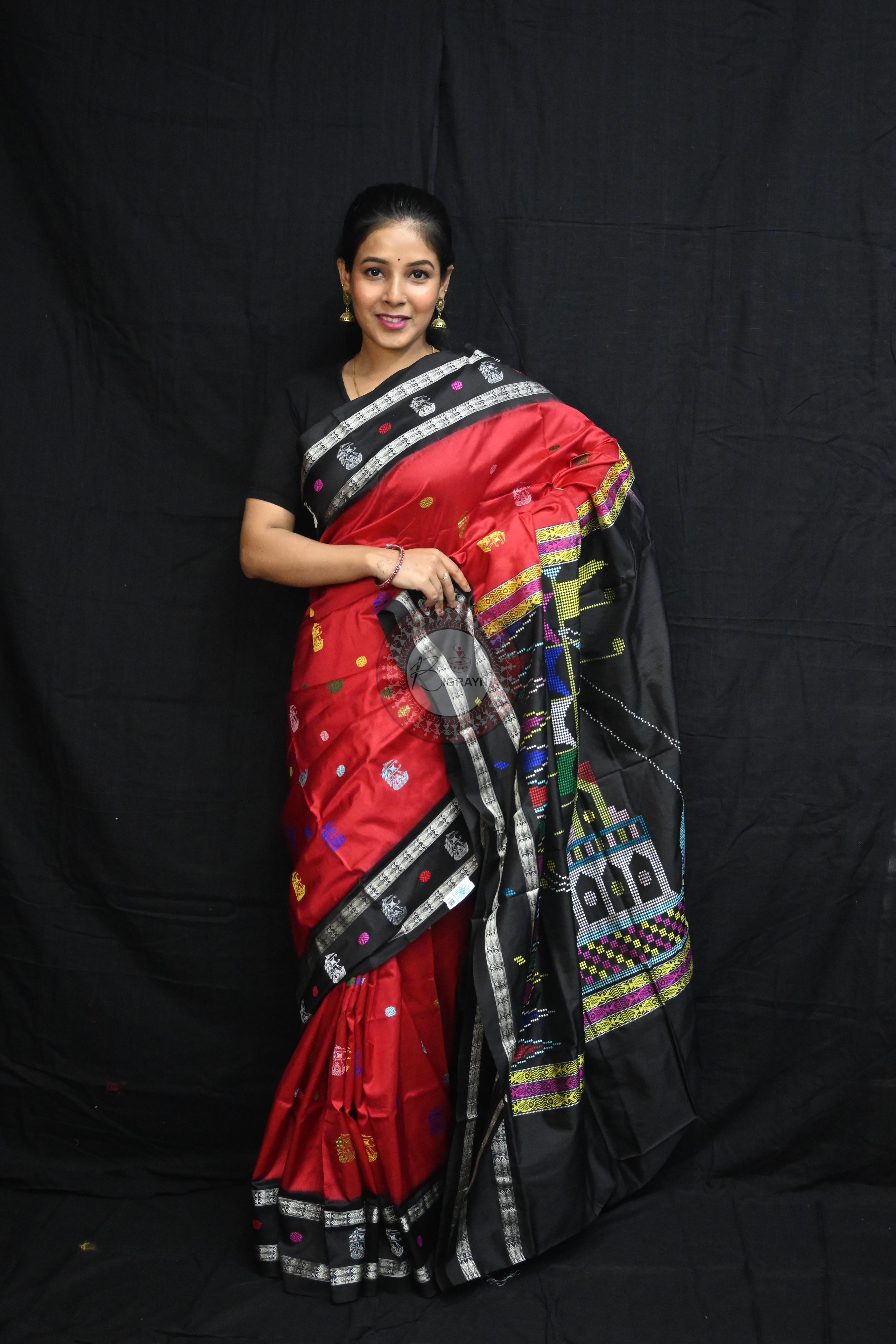 Red Black Boita Bomkai Silk Saree