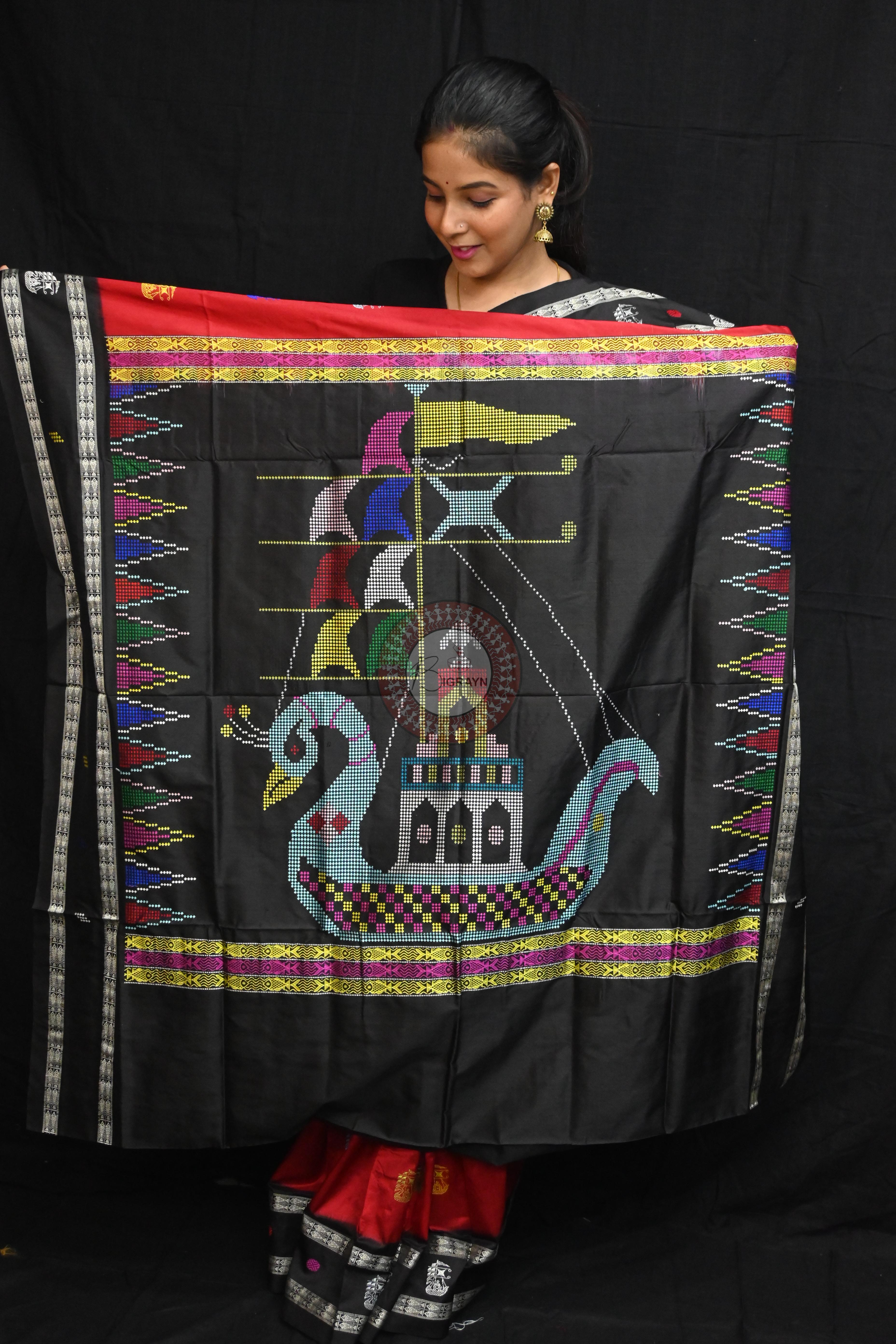 Red Black Boita Bomkai Silk Saree