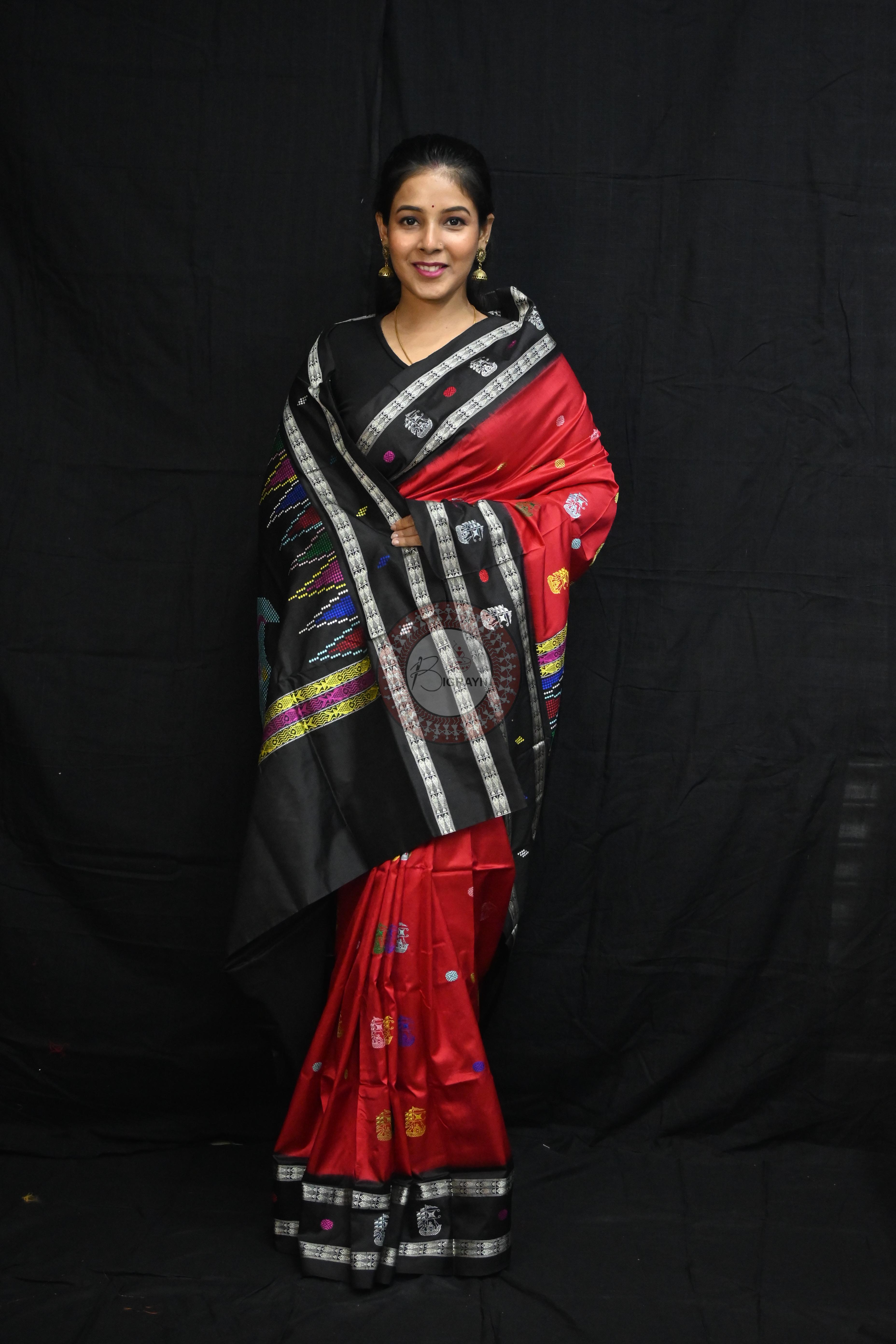 Red Black Boita Bomkai Silk Saree