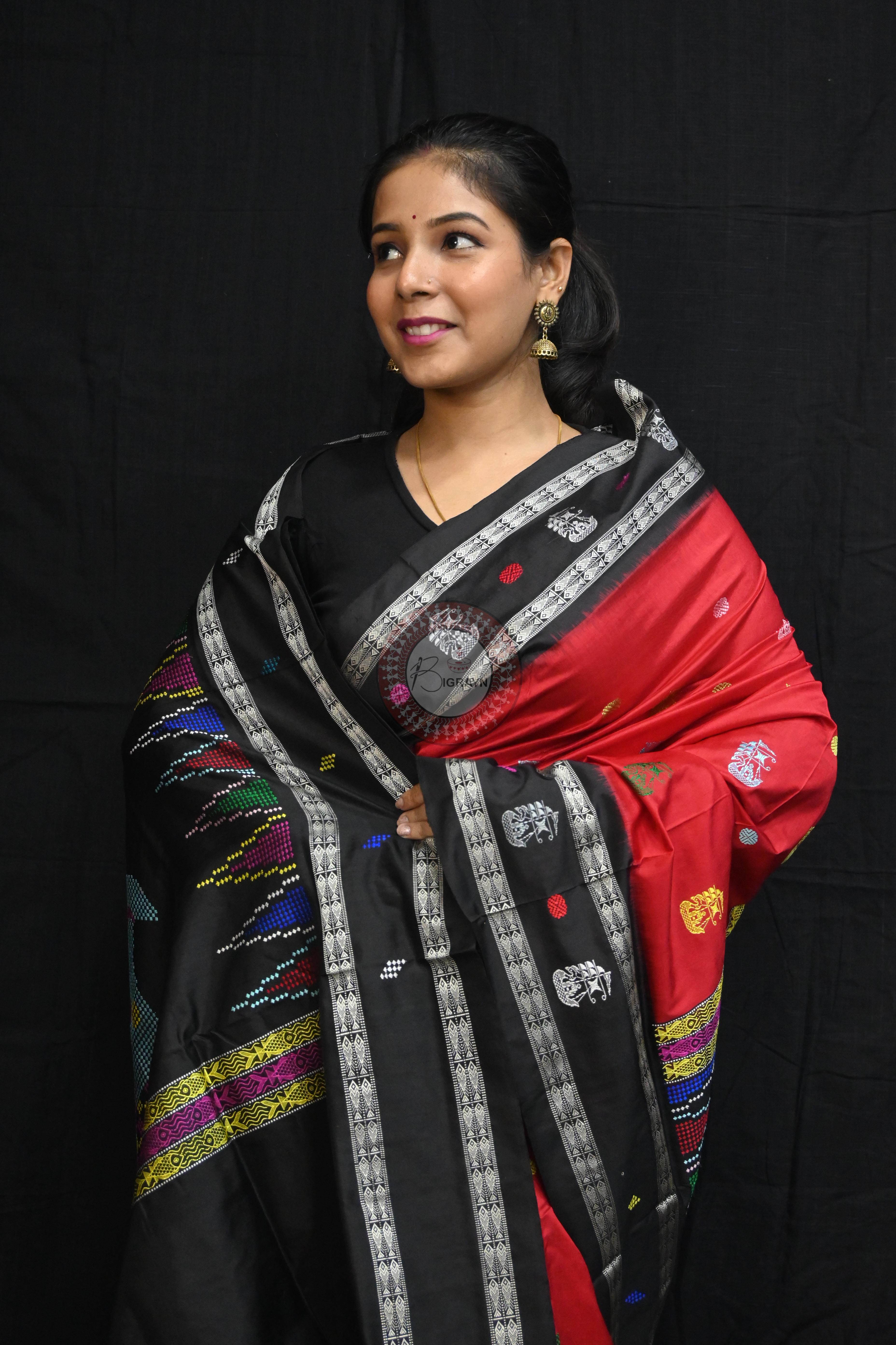 Red Black Boita Bomkai Silk Saree