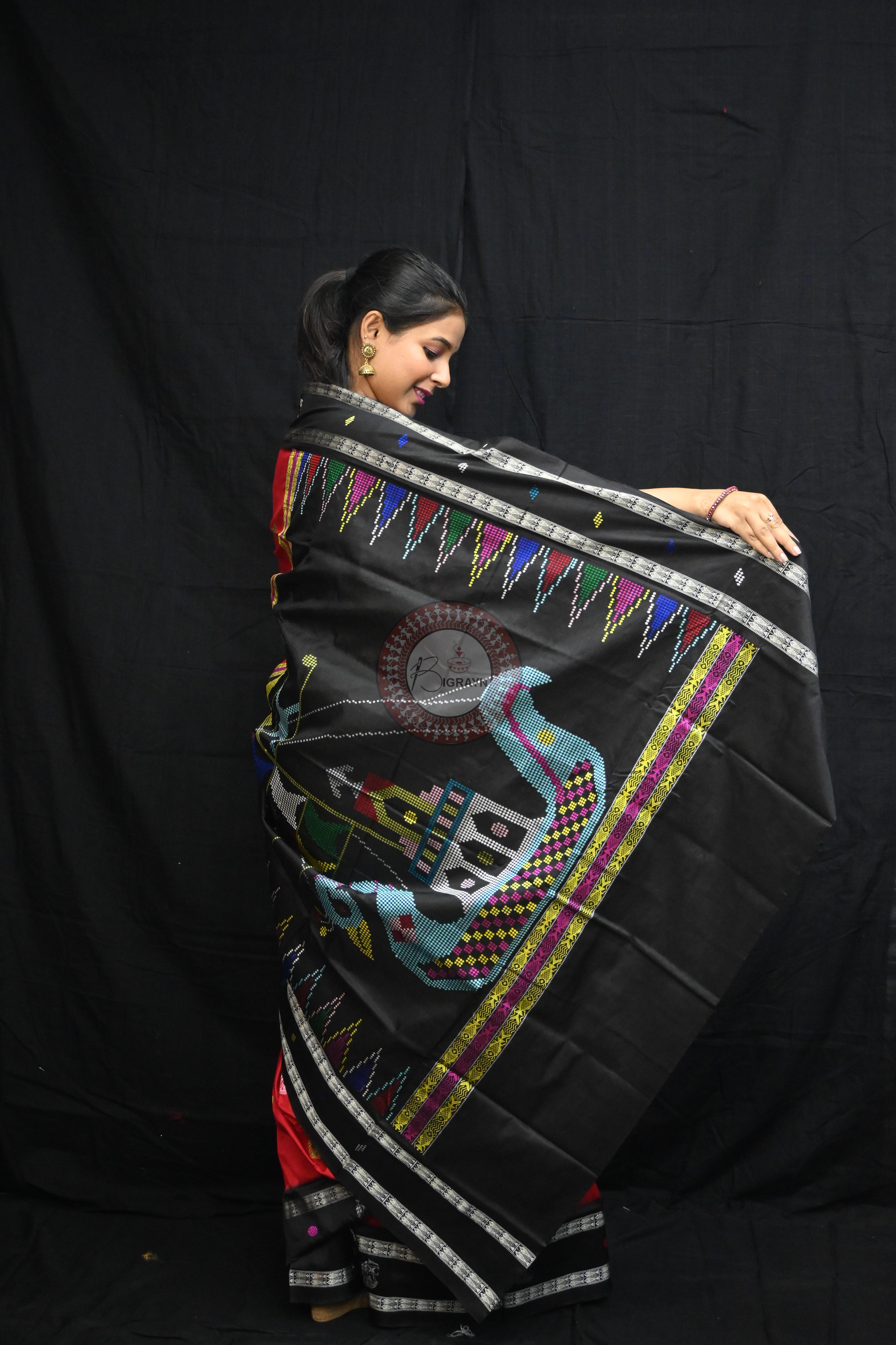 Red Black Boita Bomkai Silk Saree
