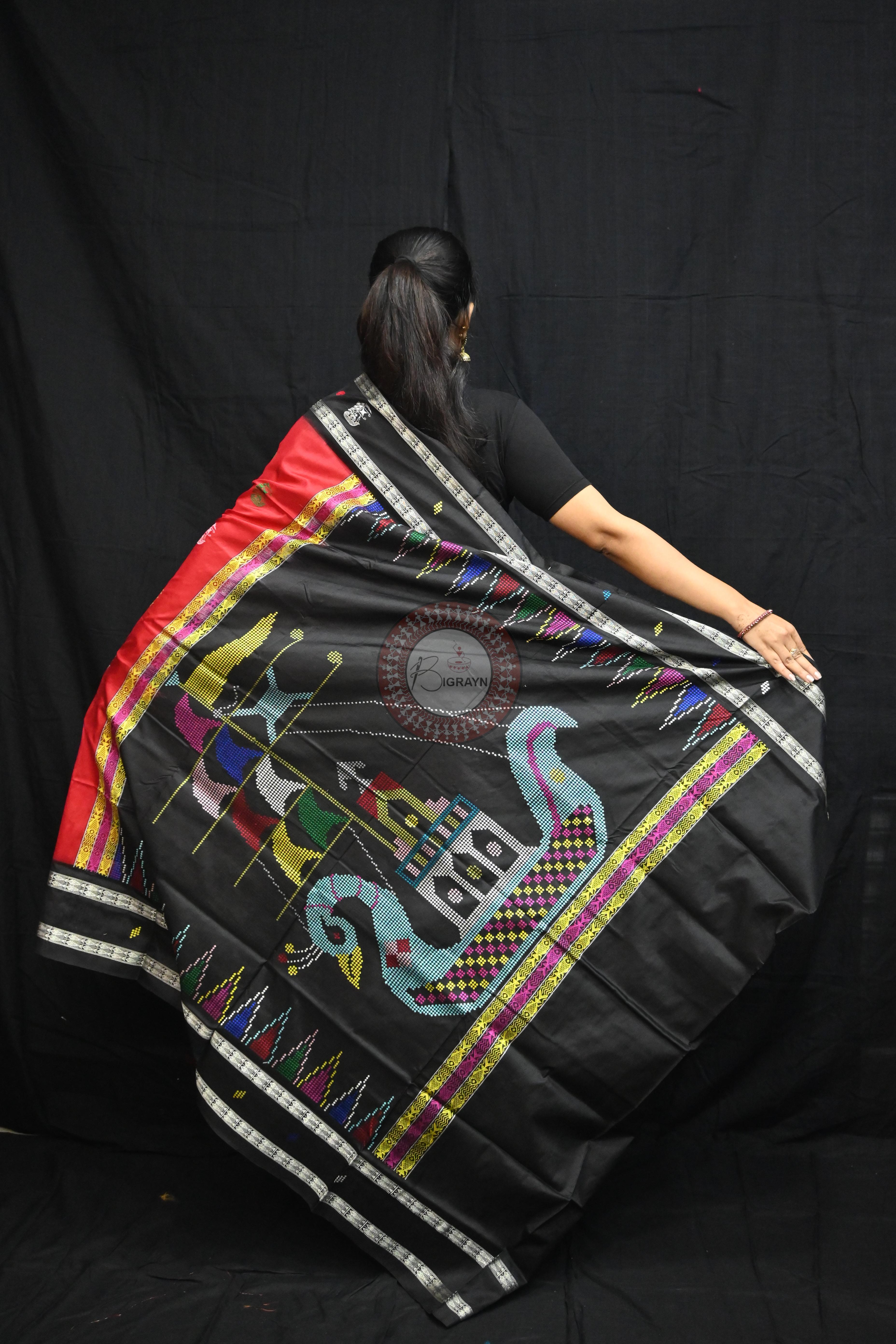 Red Black Boita Bomkai Silk Saree