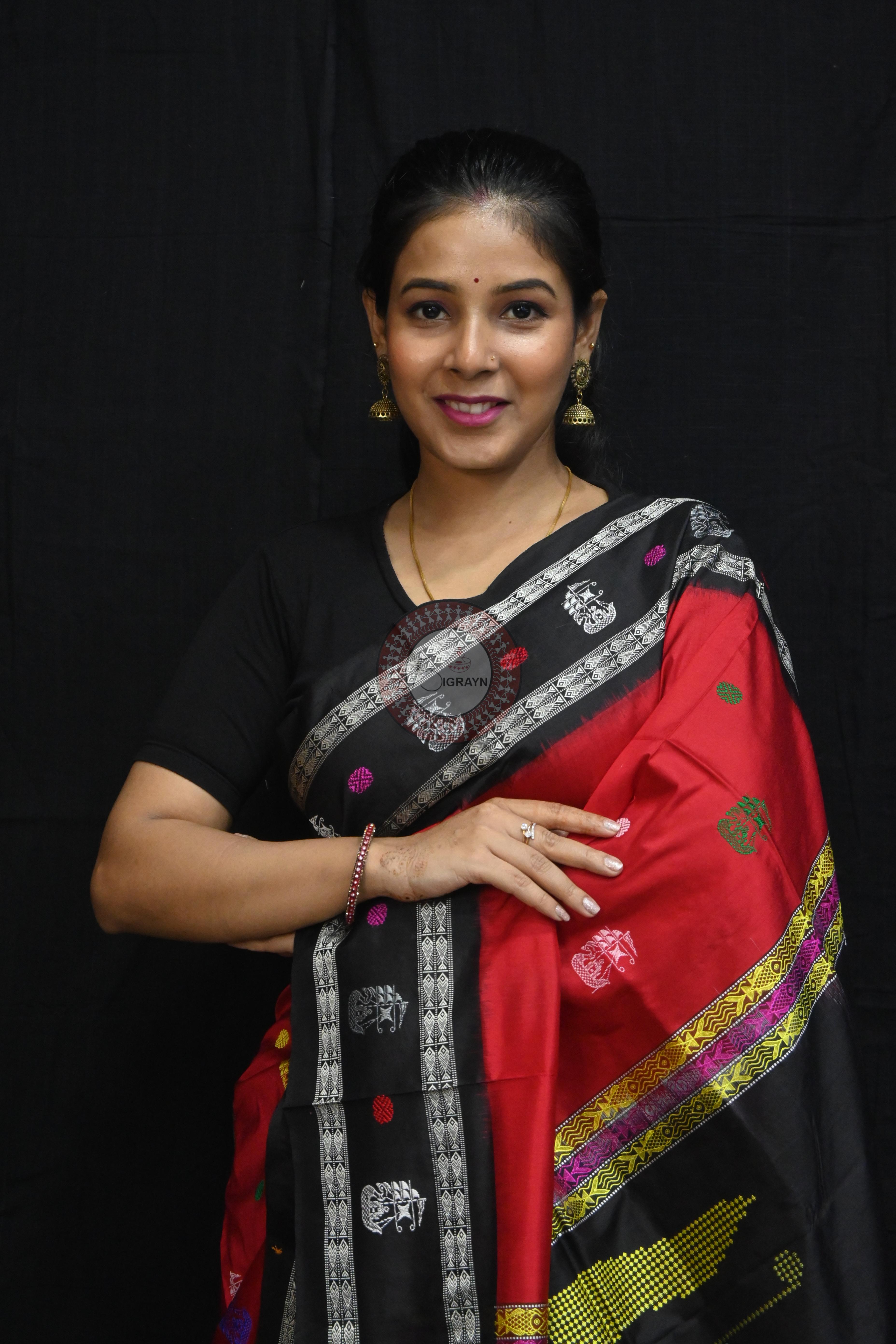 Red Black Boita Bomkai Silk Saree