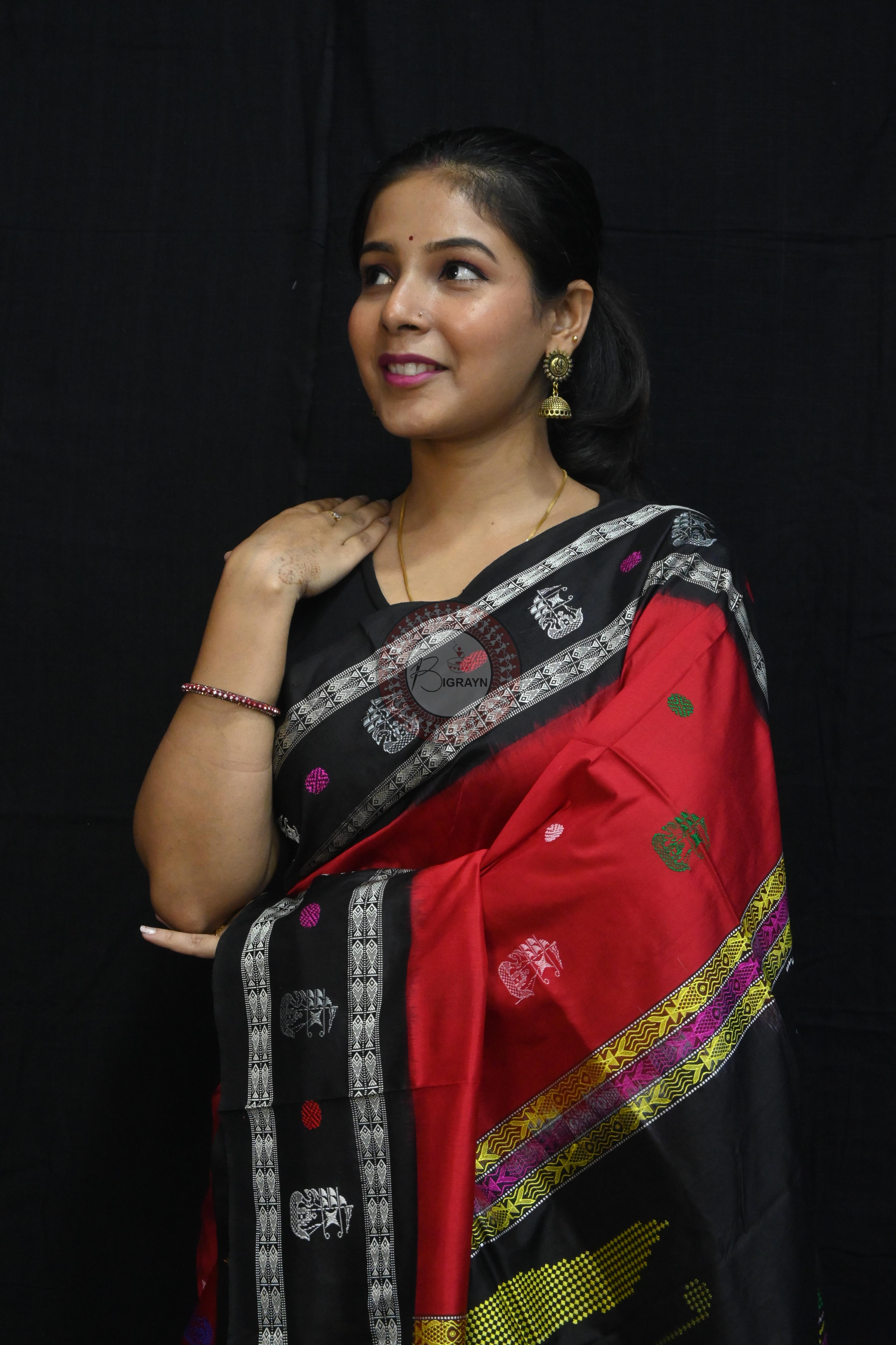 Red Black Boita Bomkai Silk Saree