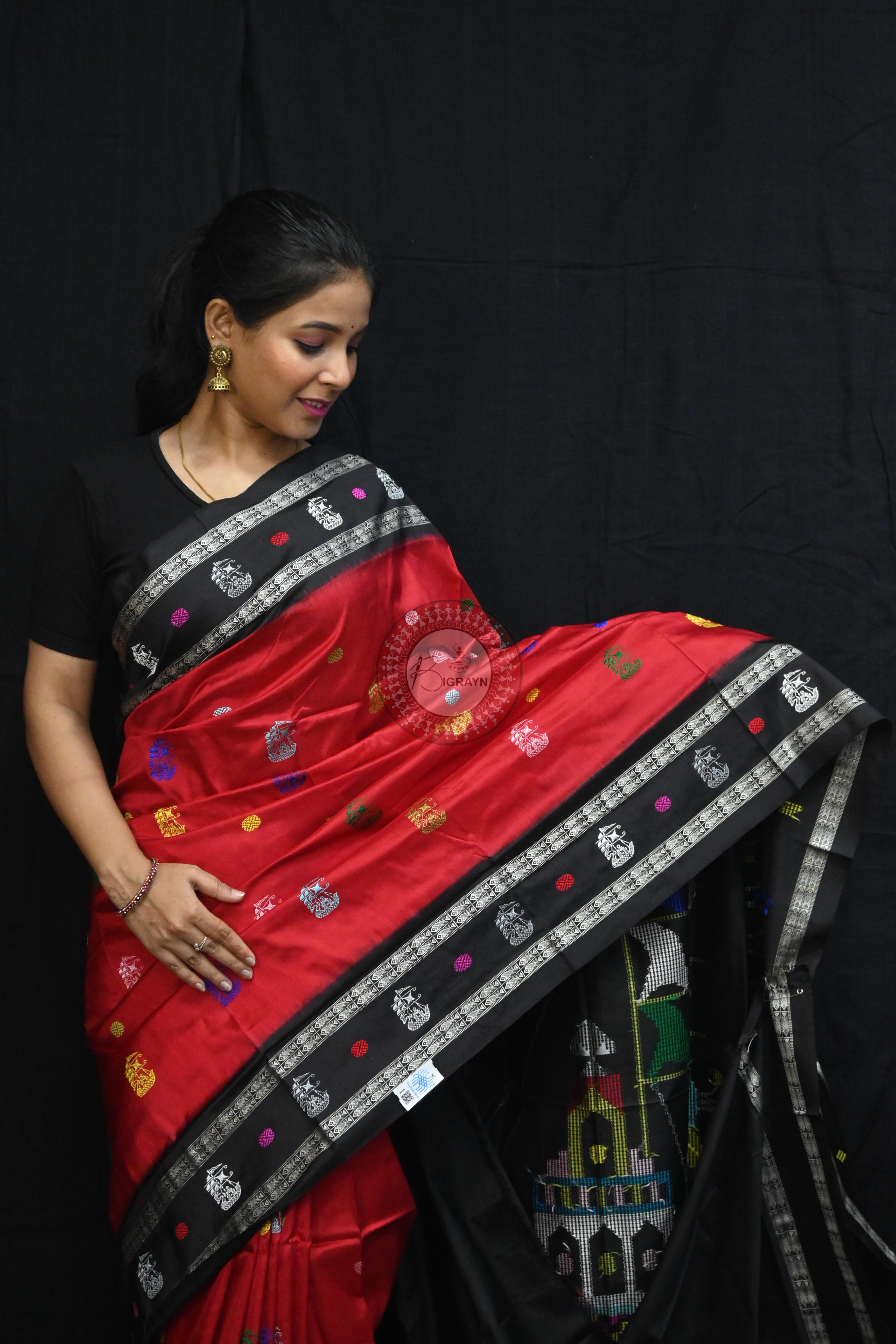 Red Black Boita Bomkai Silk Saree
