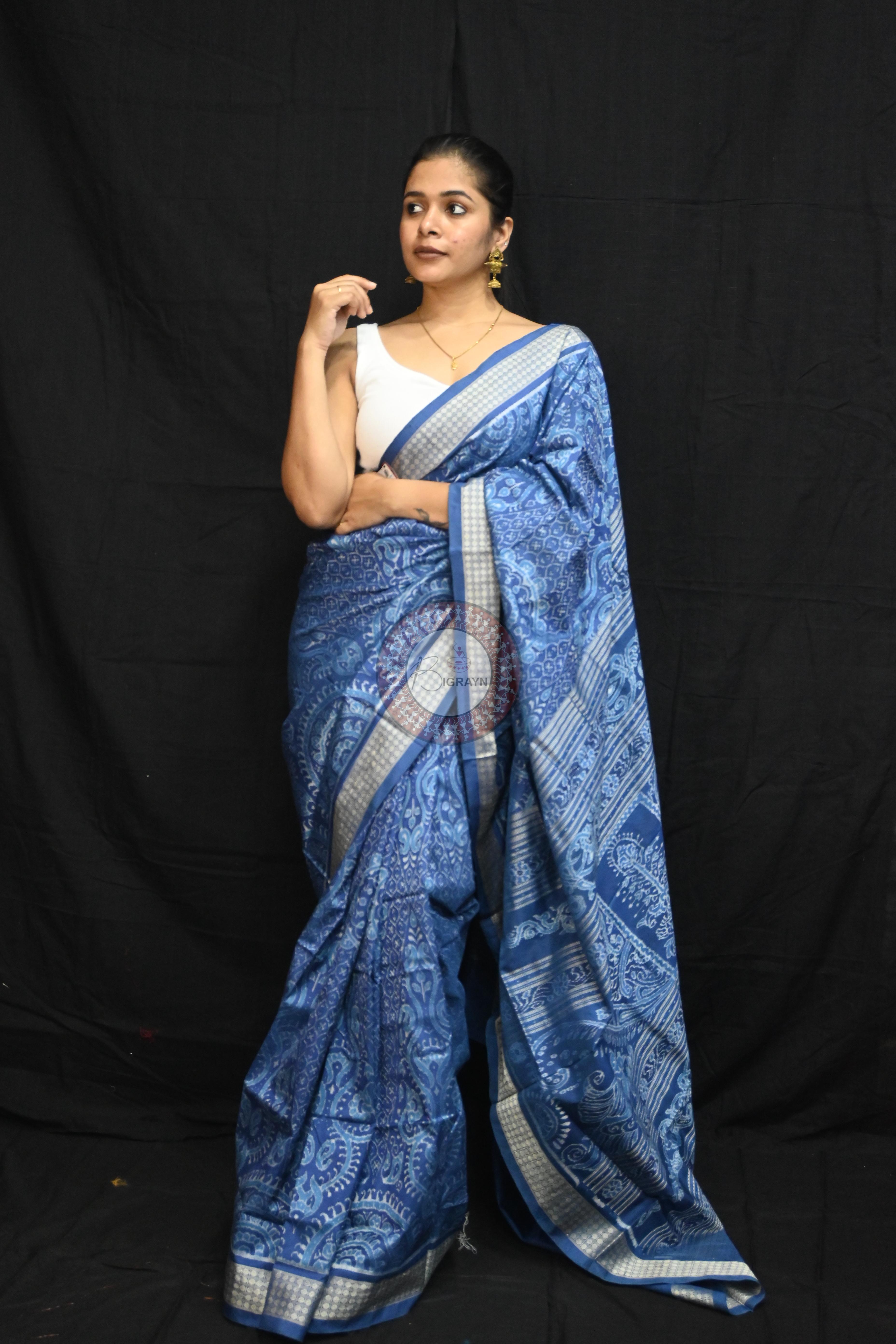 Indigo Blue Self Thikudi Design Sambalpuri Silk Saree