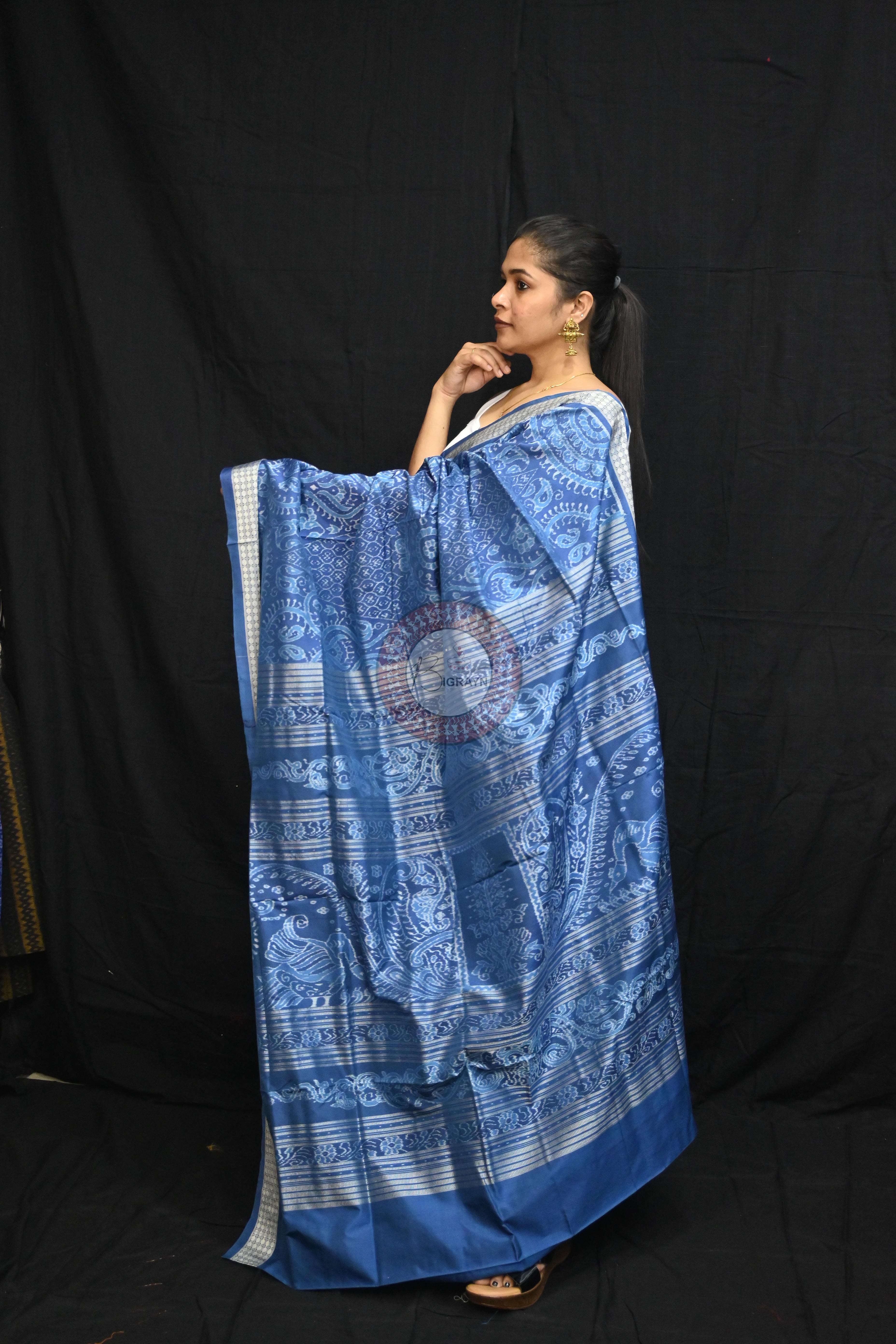 Indigo Blue Self Thikudi Design Sambalpuri Silk Saree