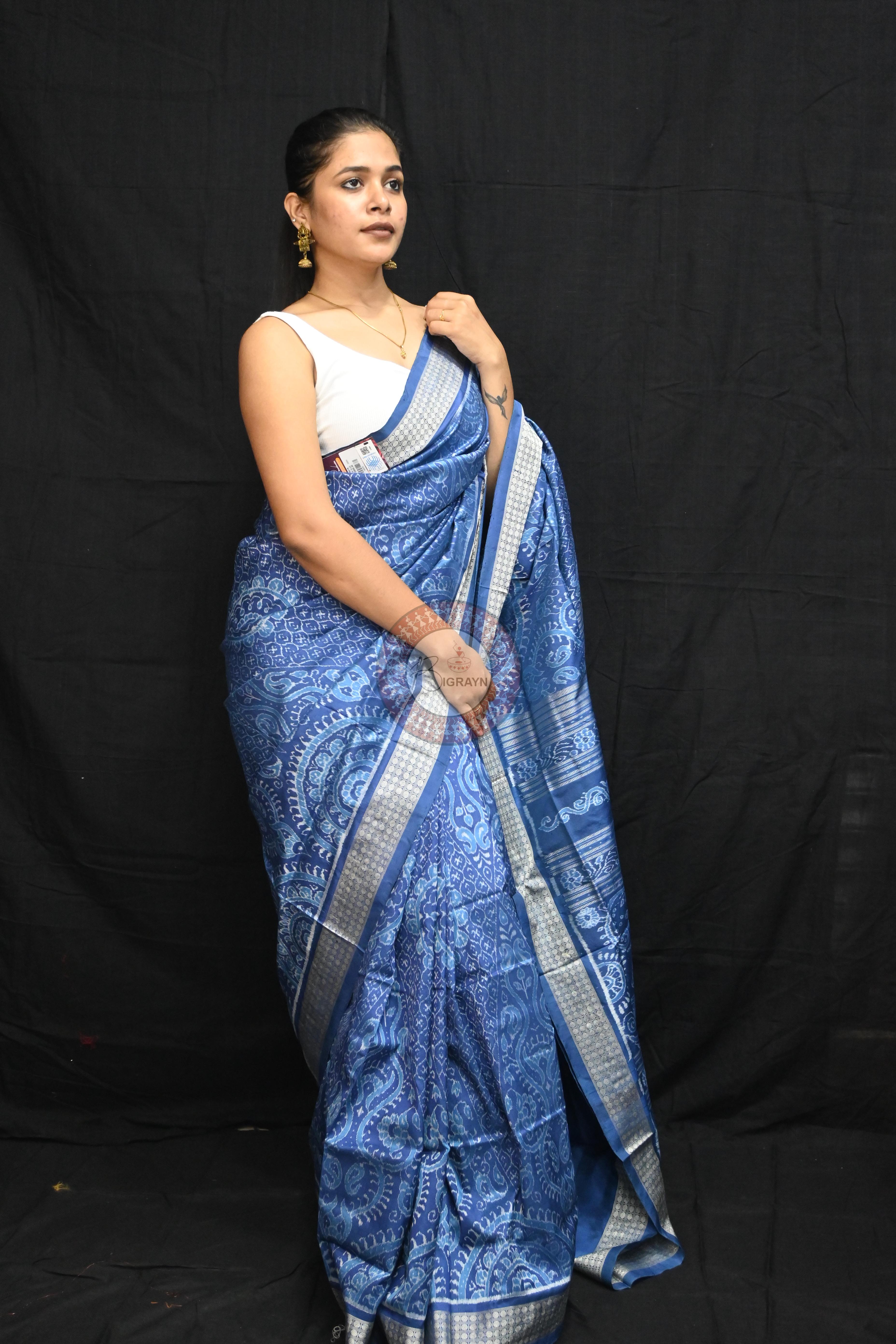 Indigo Blue Self Thikudi Design Sambalpuri Silk Saree