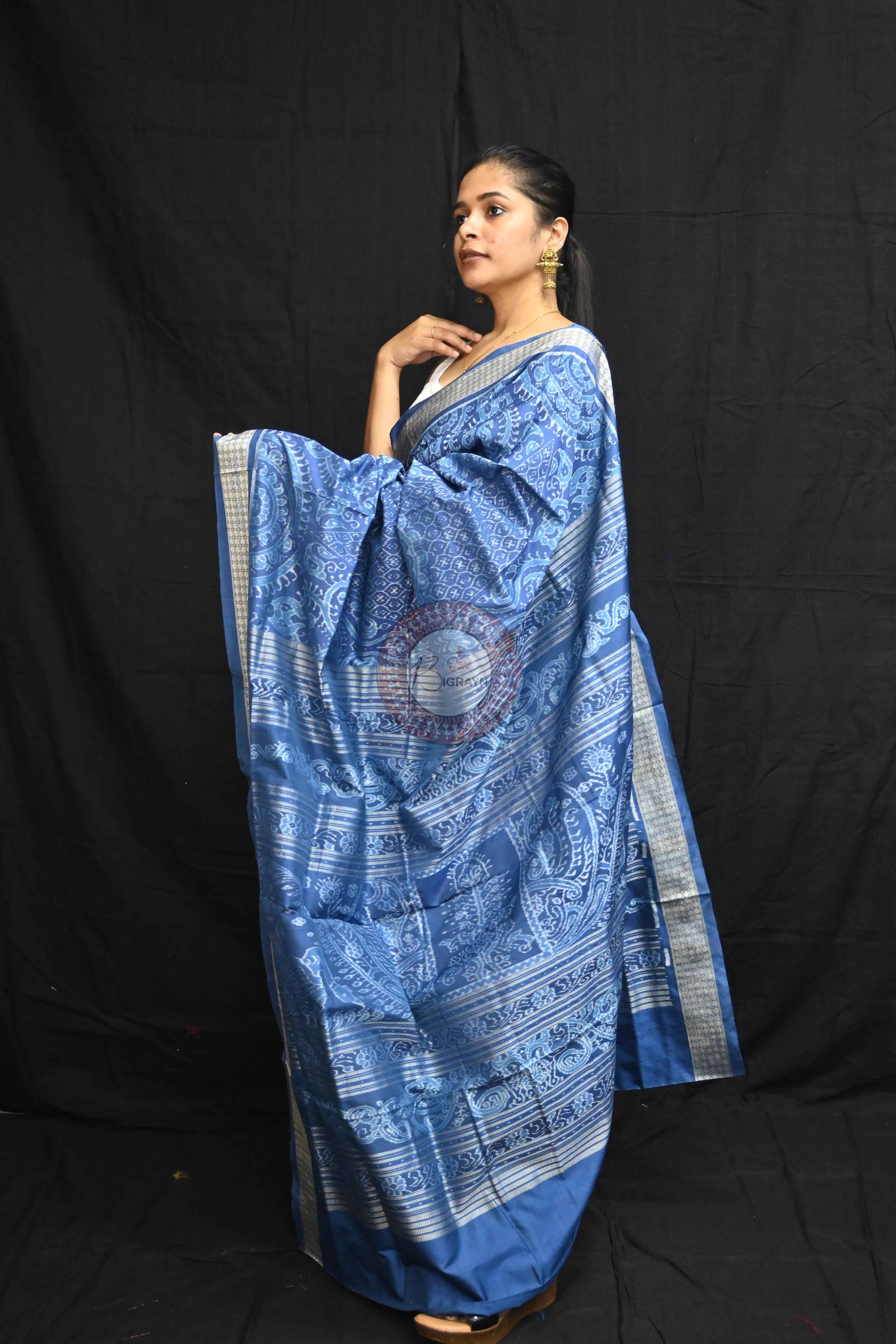 Indigo Blue Self Thikudi Design Sambalpuri Silk Saree