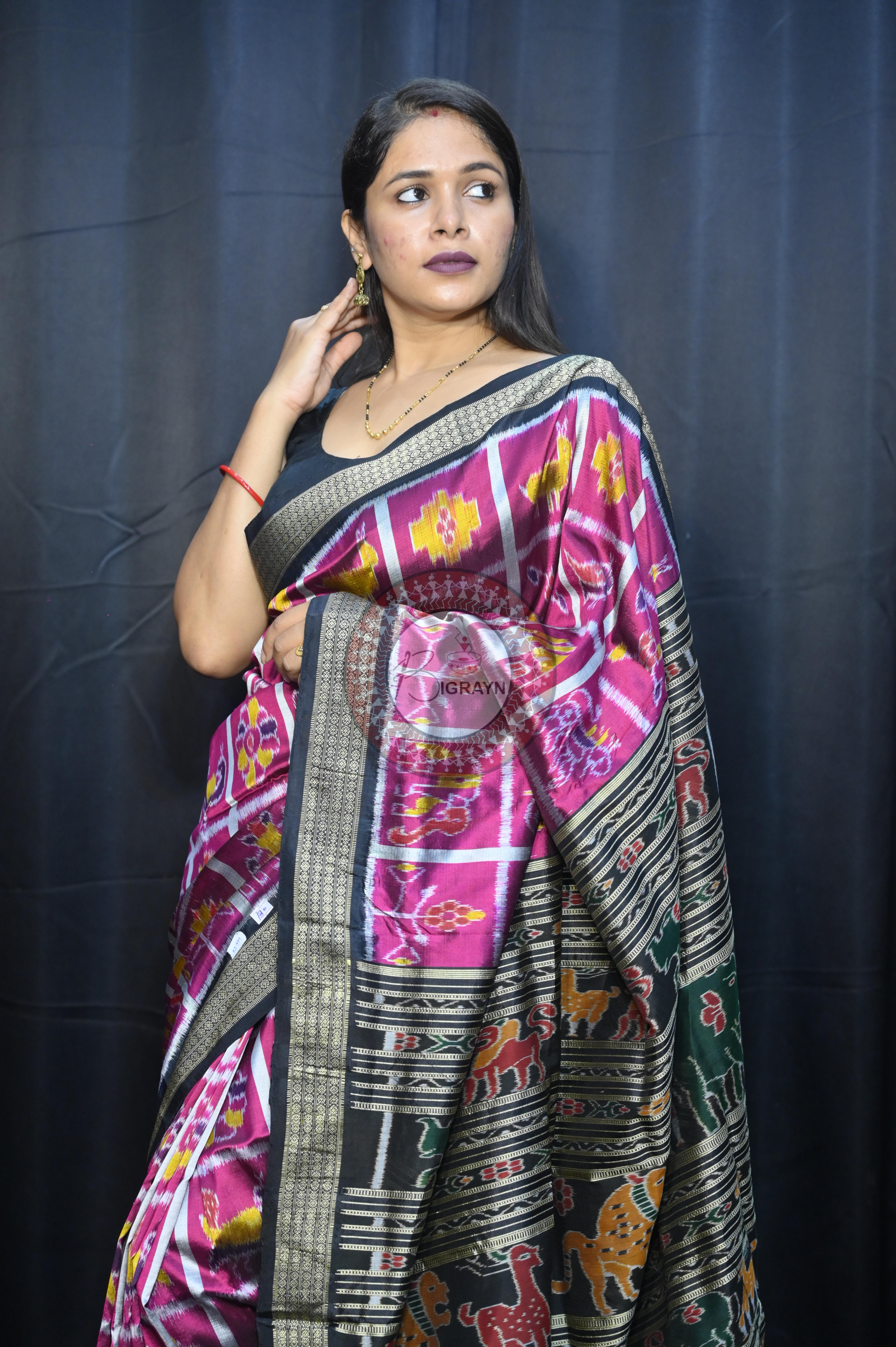 Magenta Black Nabakothi Design Mulberry Silk Saree