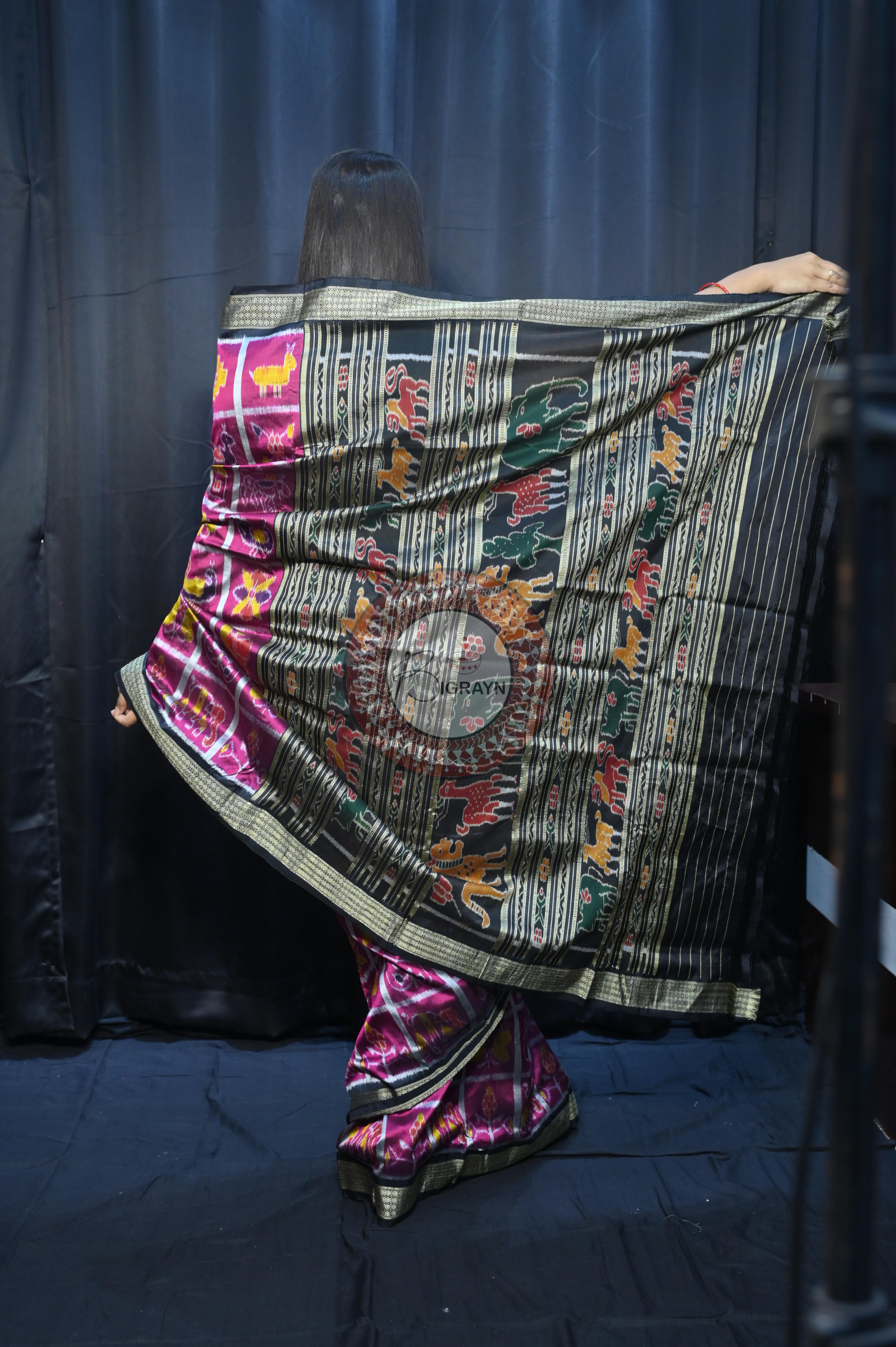 Magenta Black Nabakothi Design Mulberry Silk Saree