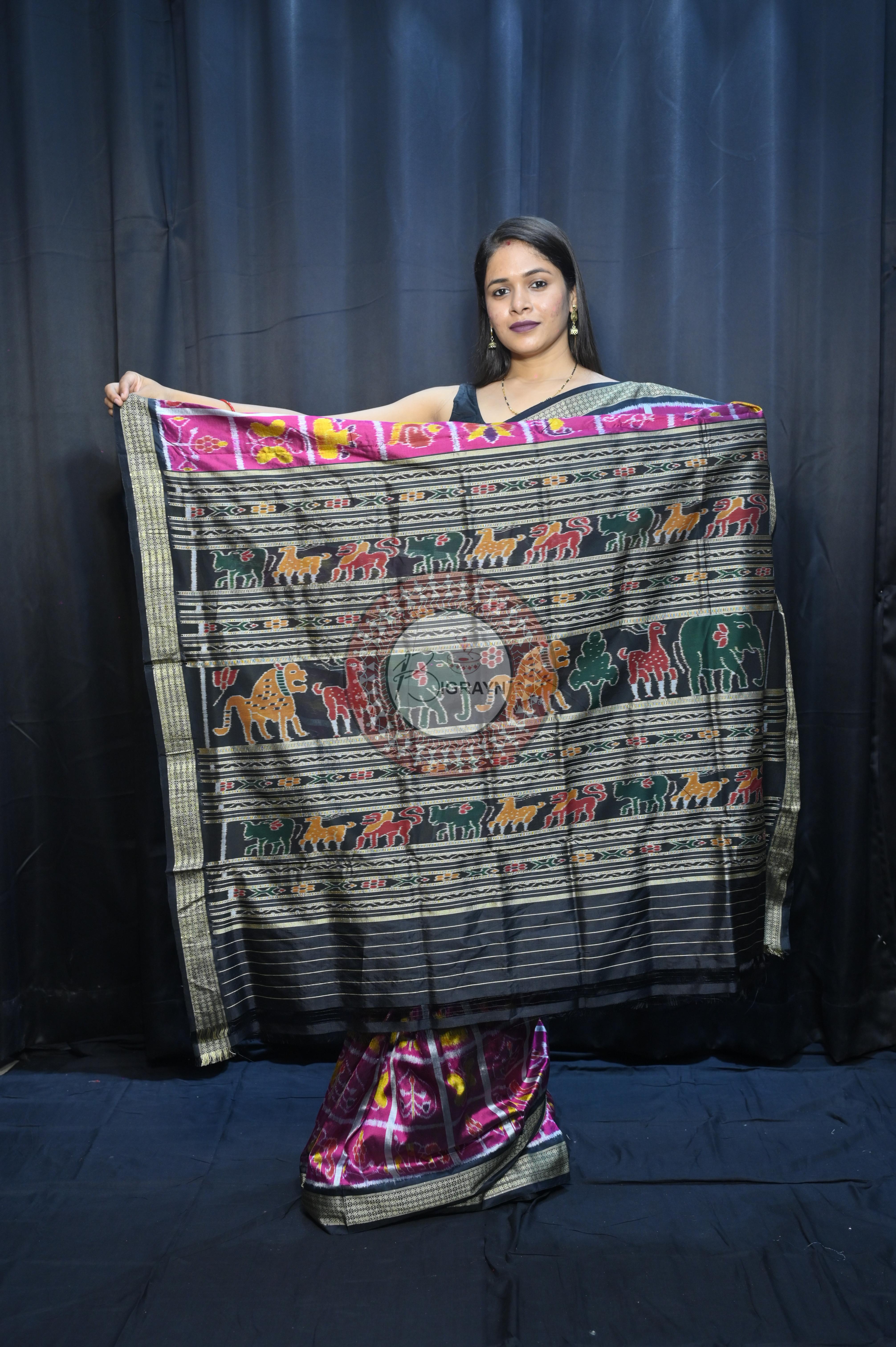 Magenta Black Nabakothi Design Mulberry Silk Saree