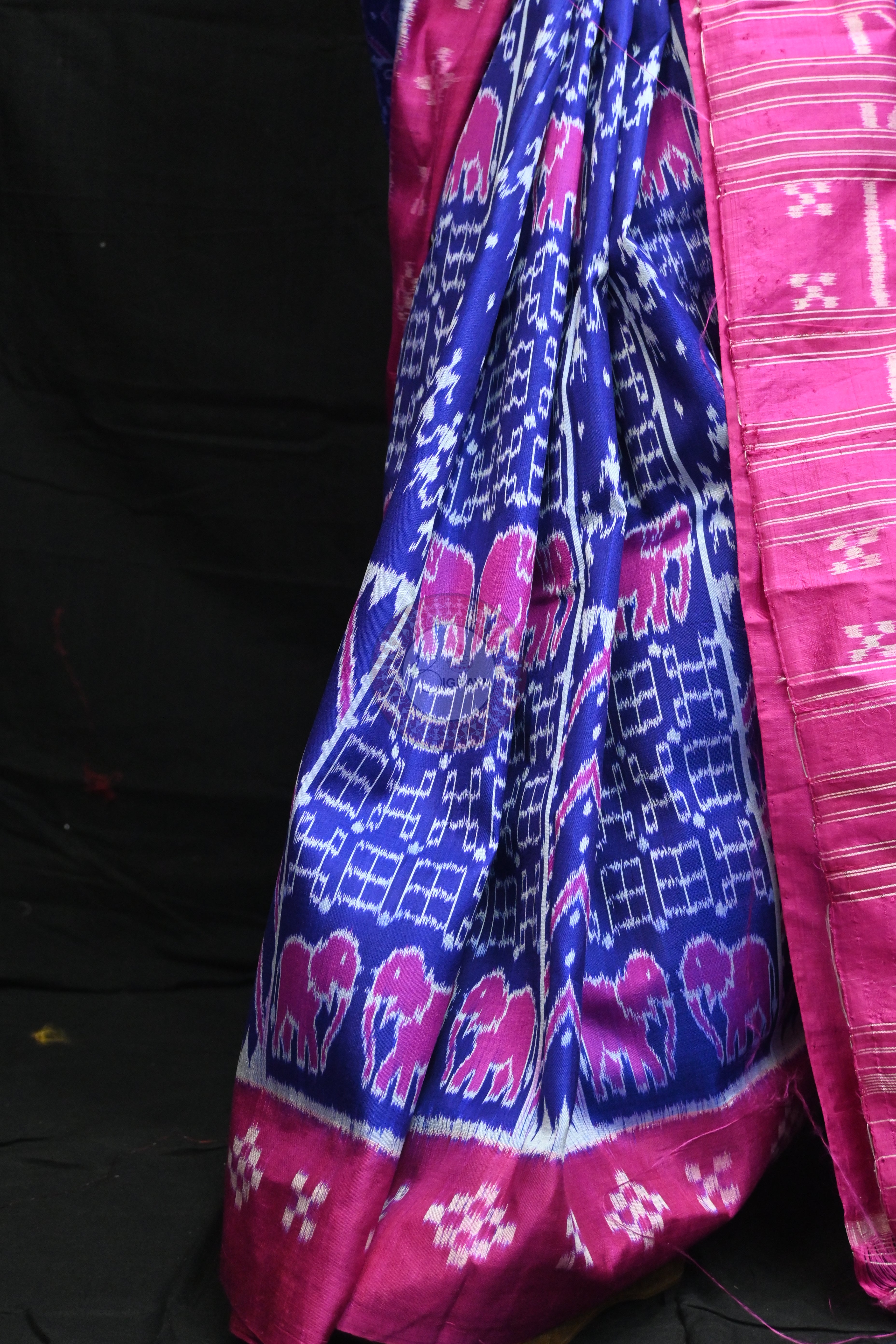 Blue Magenta Tribals Elephants Mulberry Silk Saree
