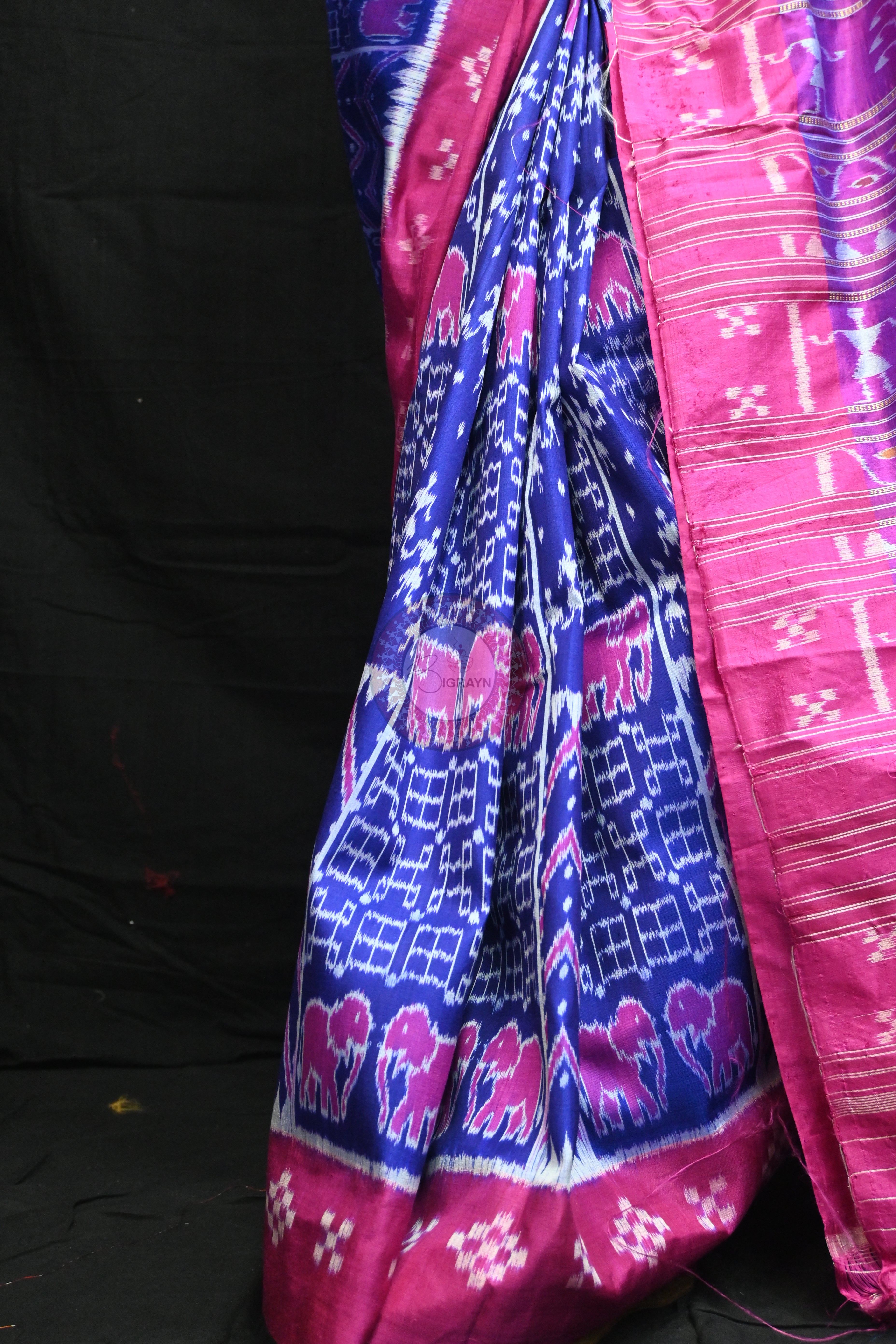 Blue Magenta Tribals Elephants Mulberry Silk Saree