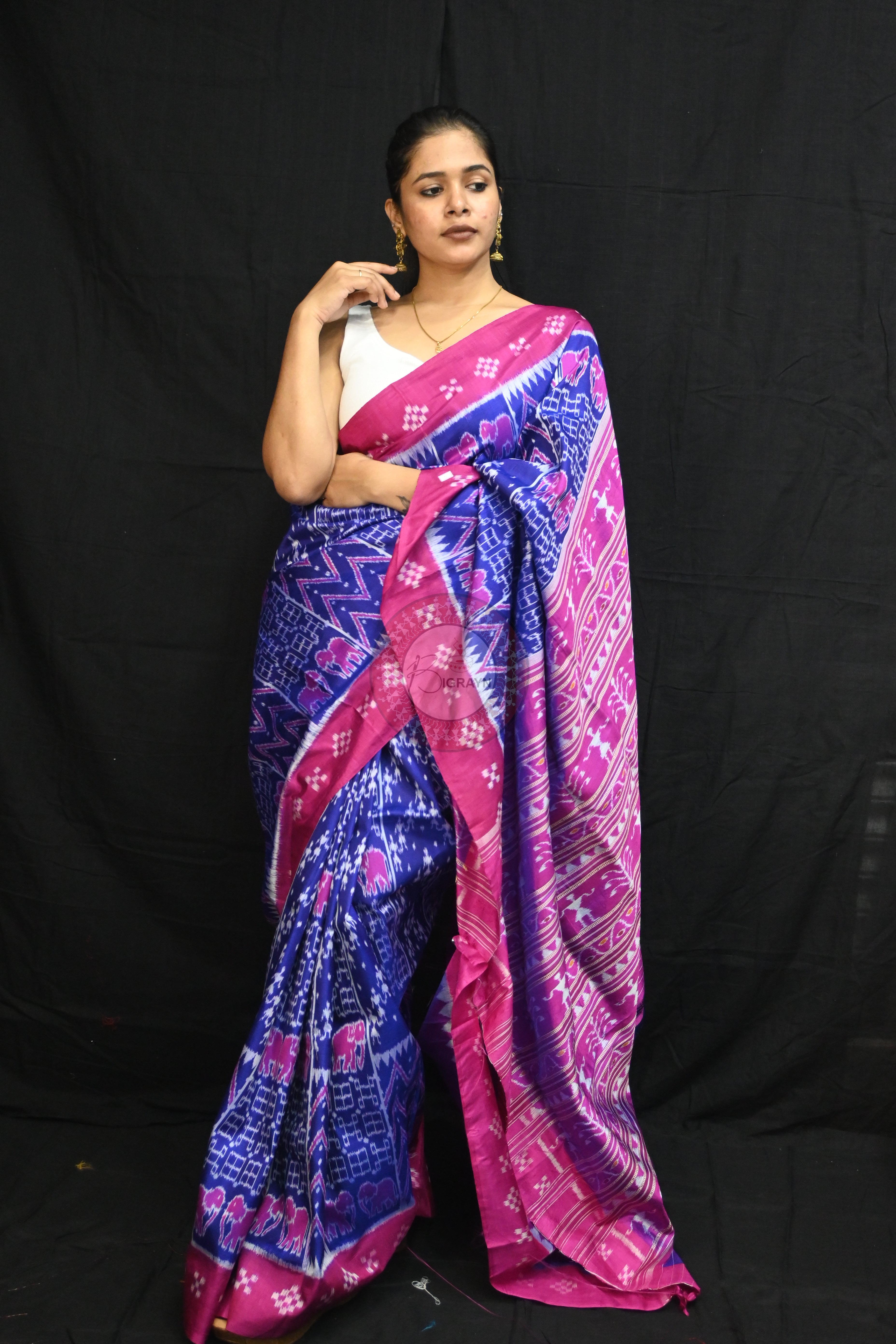Blue Magenta Tribals Elephants Mulberry Silk Saree