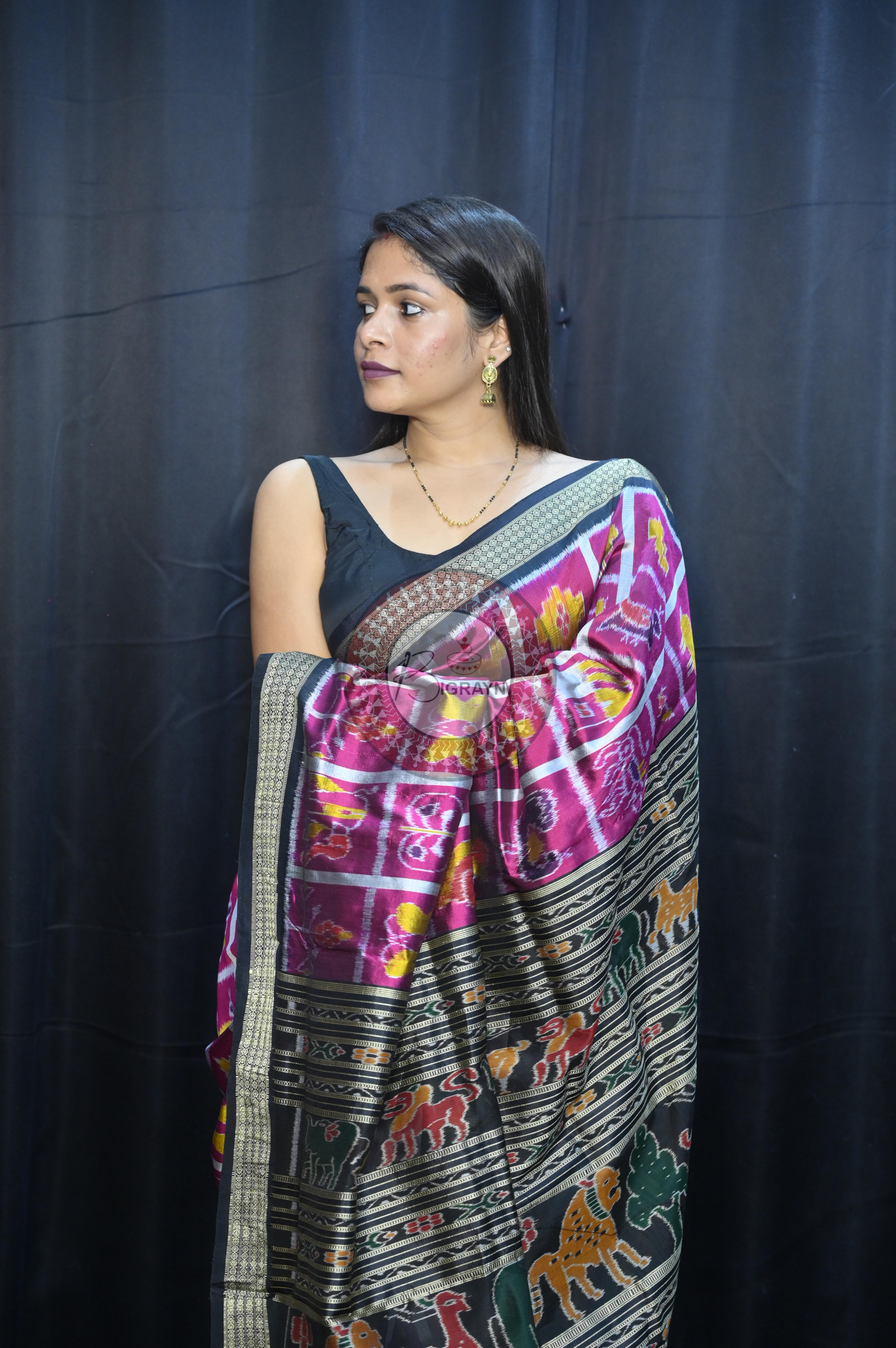 Magenta Black Nabakothi Design Mulberry Silk Saree