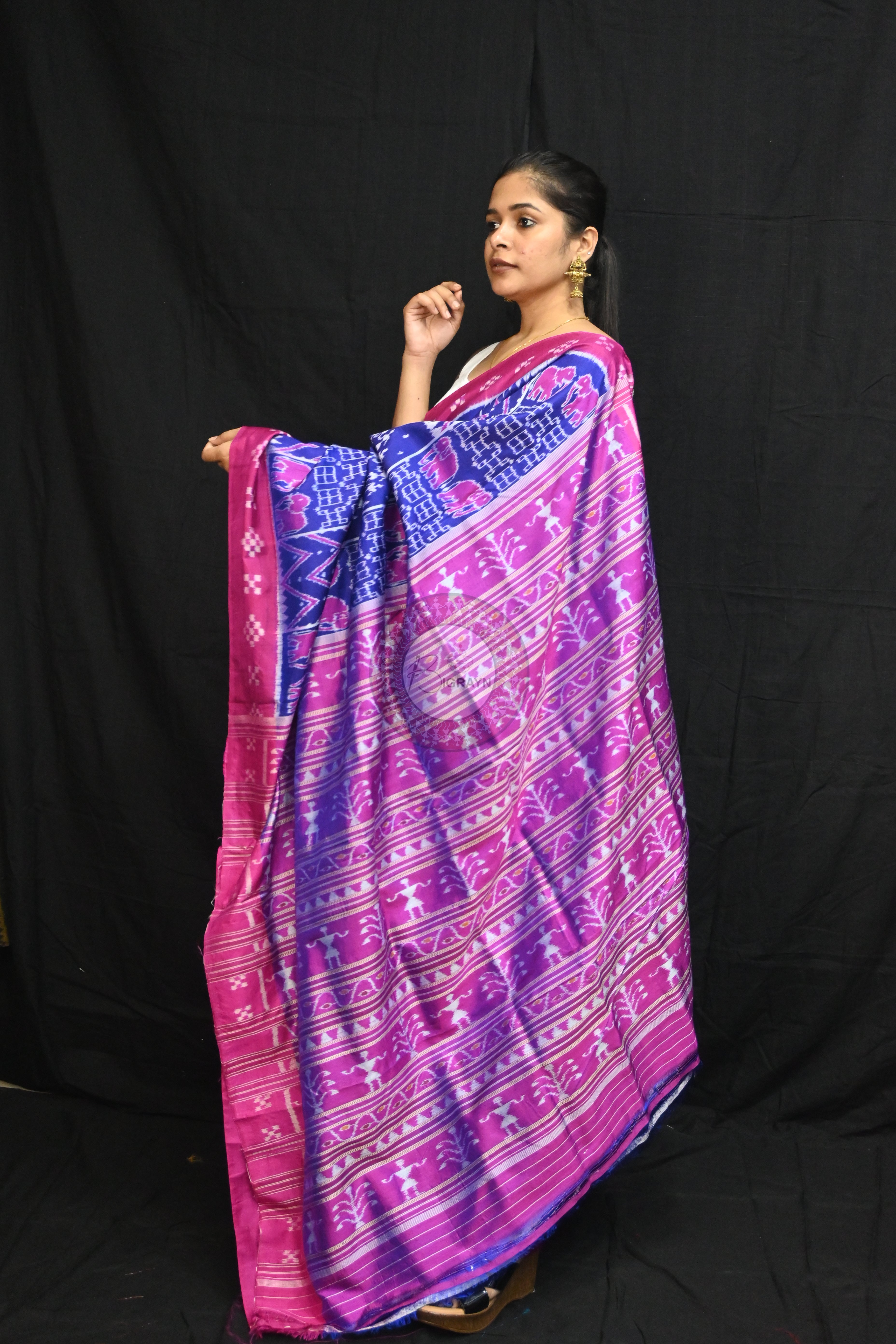 Blue Magenta Tribals Elephants Mulberry Silk Saree