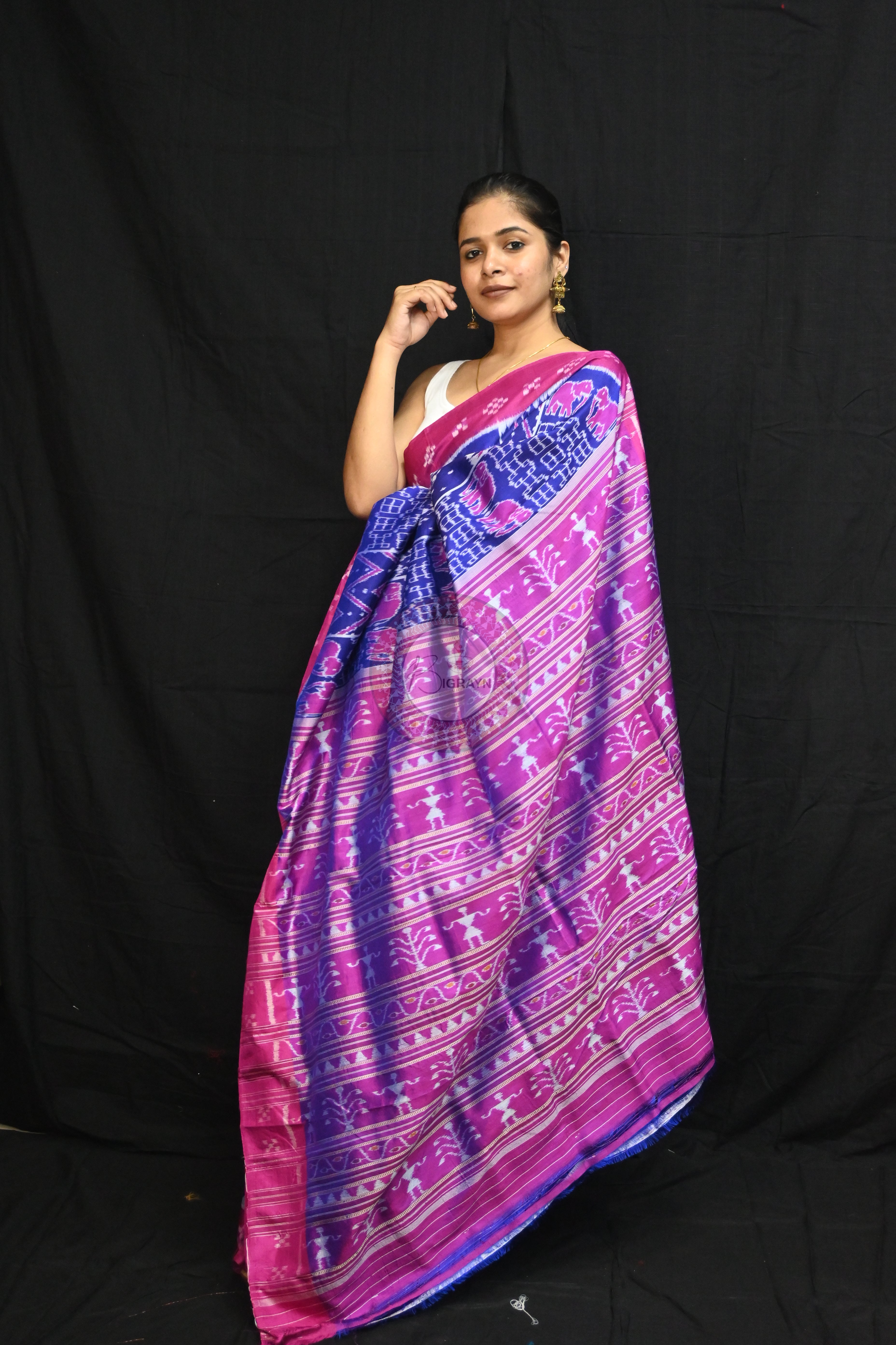 Blue Magenta Tribals Elephants Mulberry Silk Saree