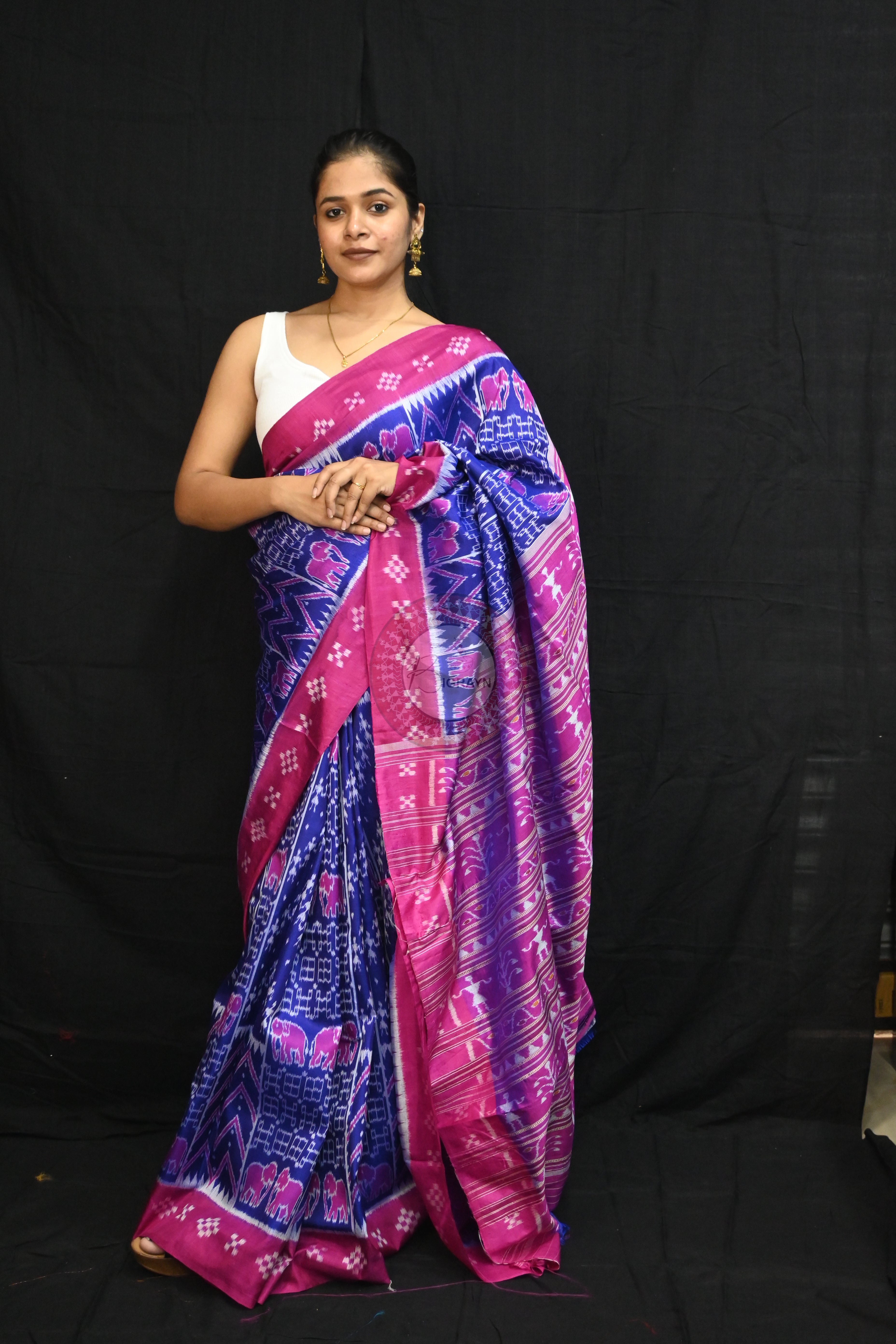 Blue Magenta Tribals Elephants Mulberry Silk Saree