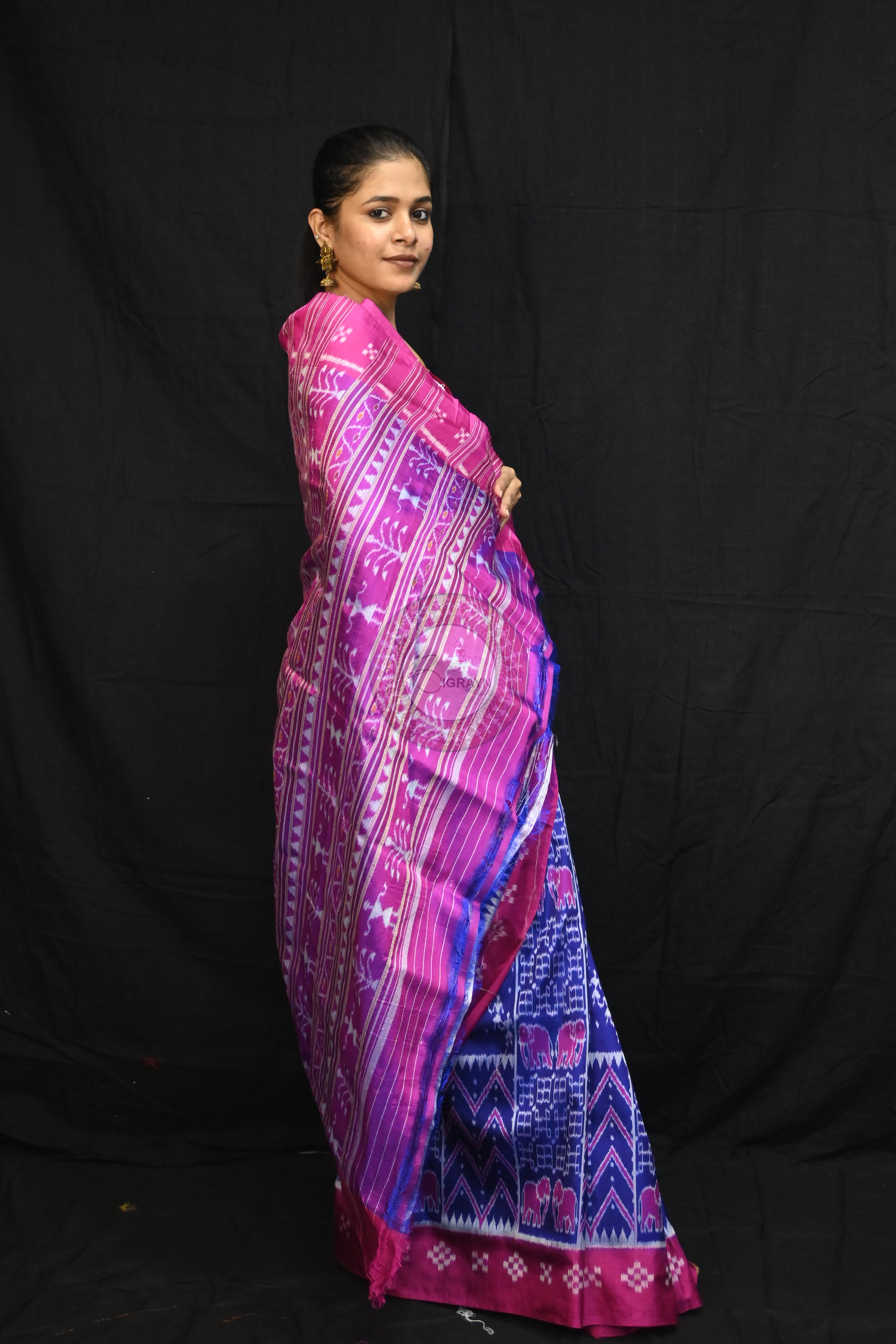 Blue Magenta Tribals Elephants Mulberry Silk Saree