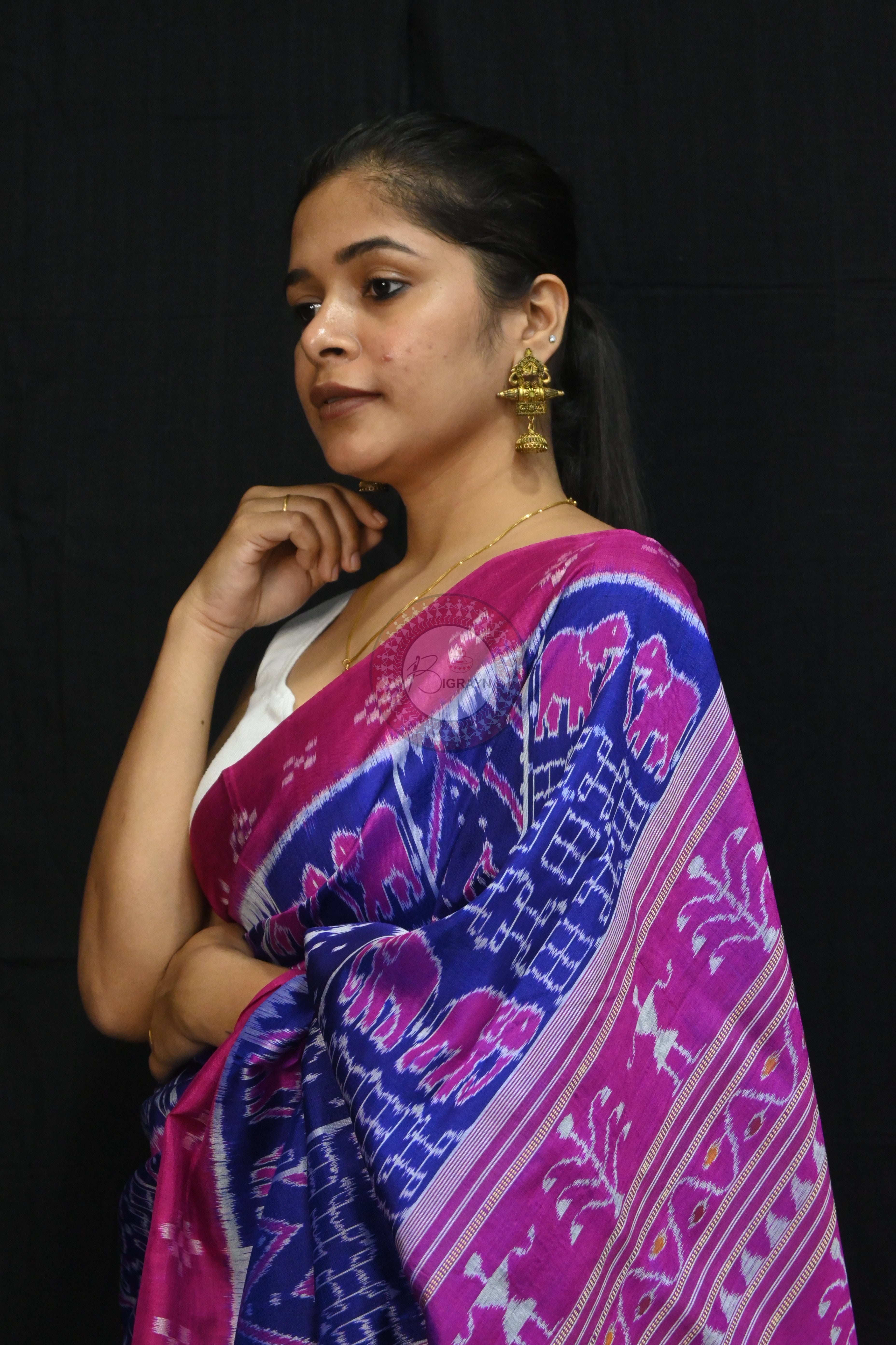 Blue Magenta Tribals Elephants Mulberry Silk Saree