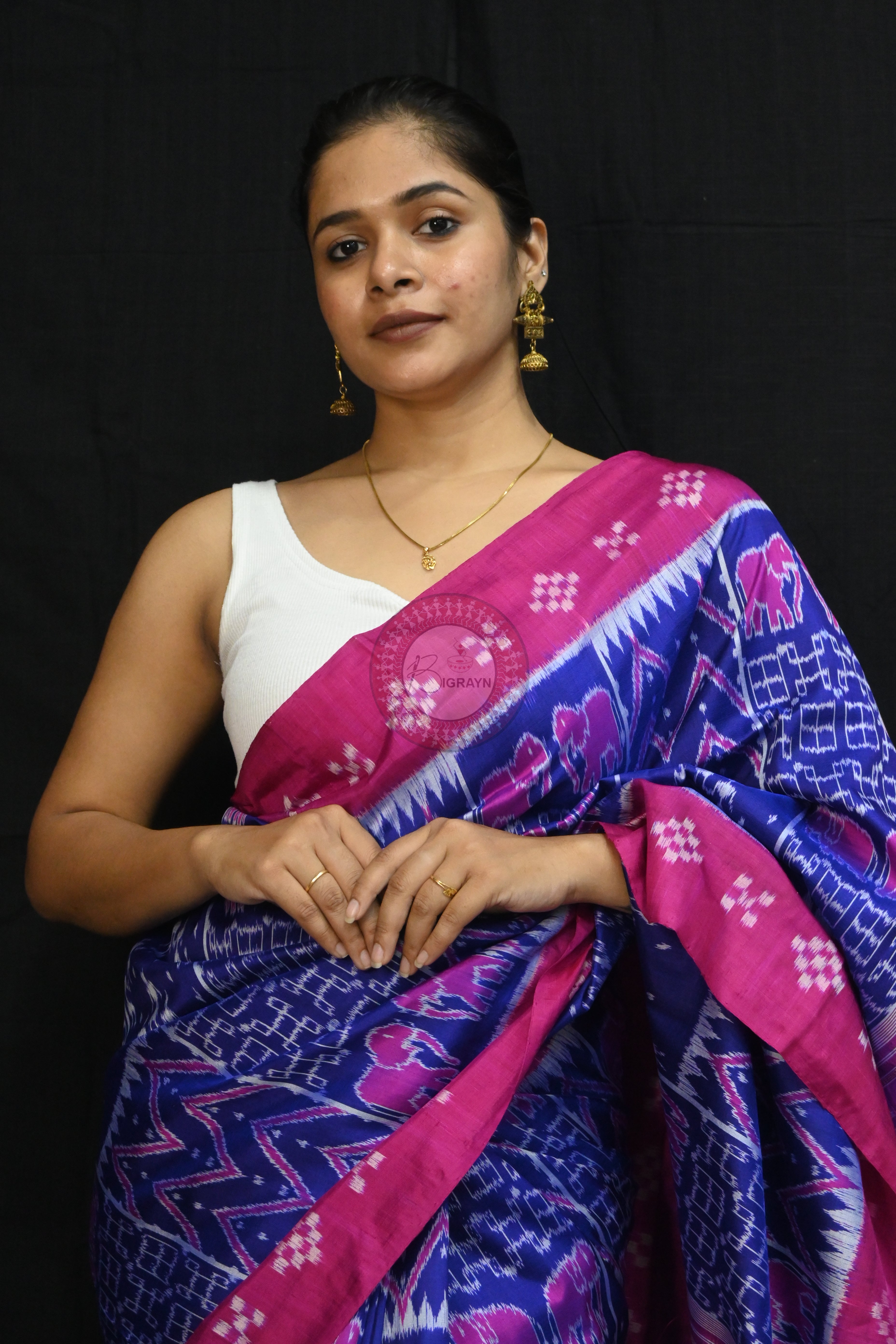 Blue Magenta Tribals Elephants Mulberry Silk Saree