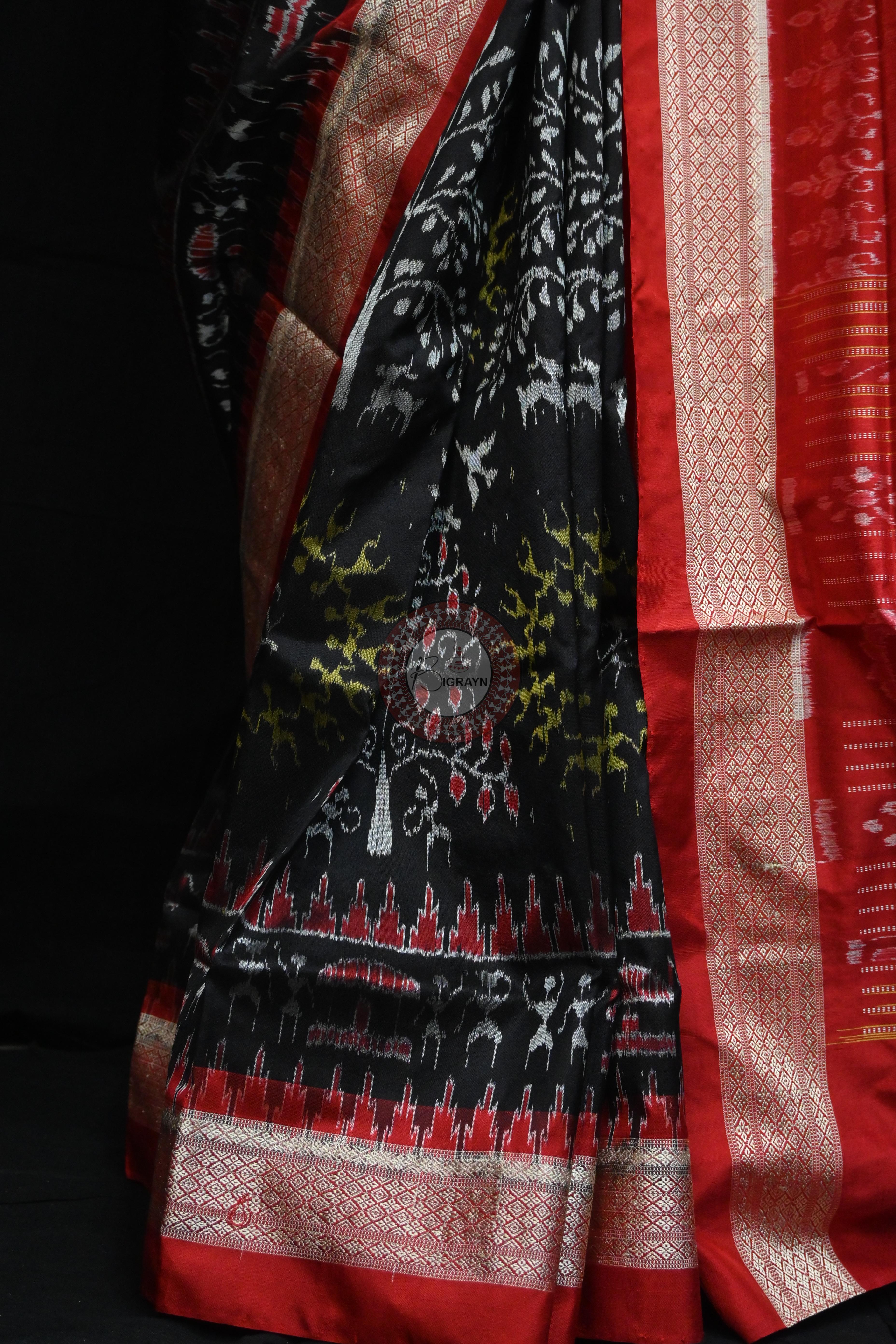 Black Red Trees Tribal Circles Sambalpuri Silk