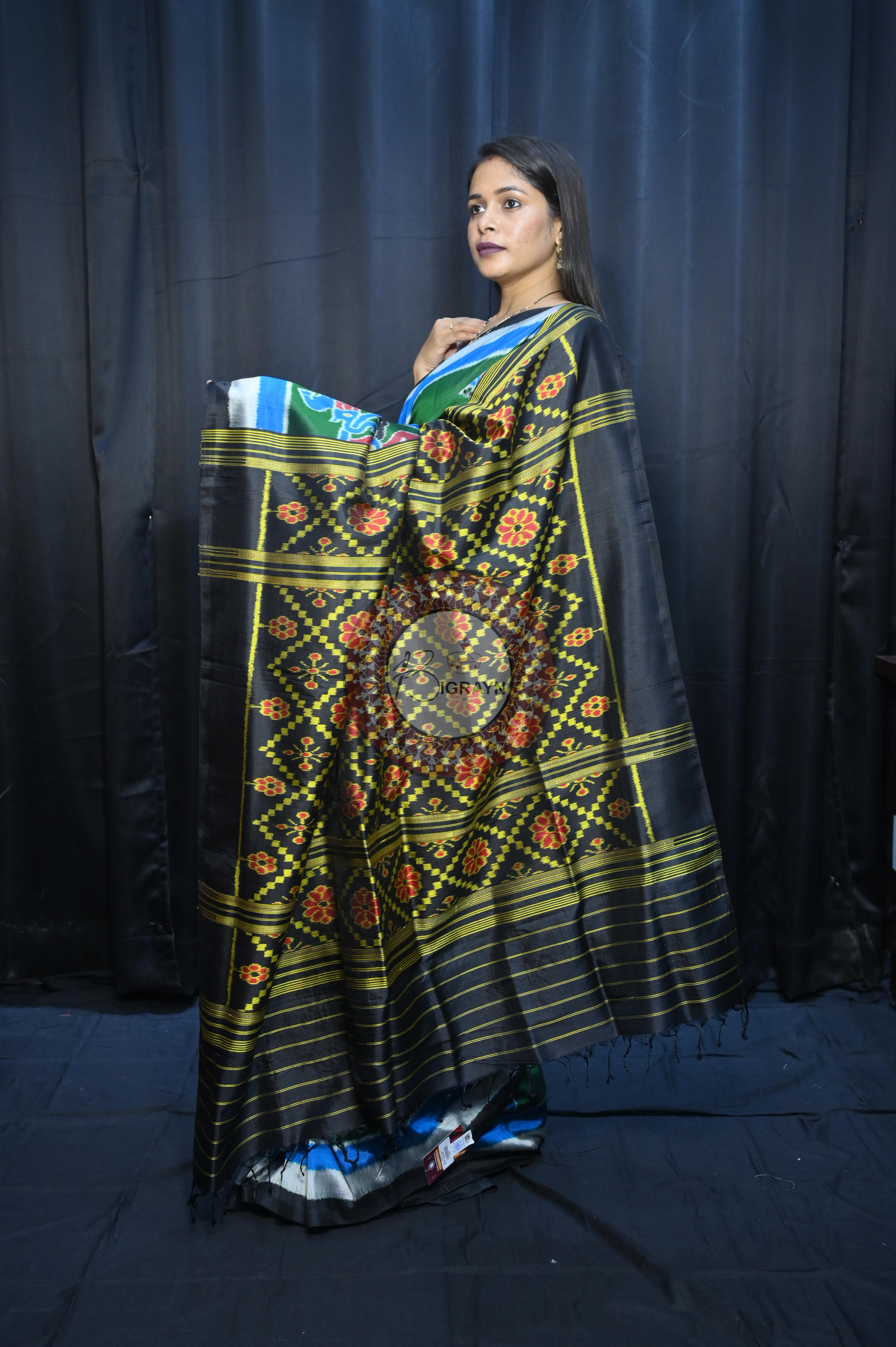 Buttle Green Multi Colour Scot Elephant And Konark Wheel Design Mulberry Silk Saree
