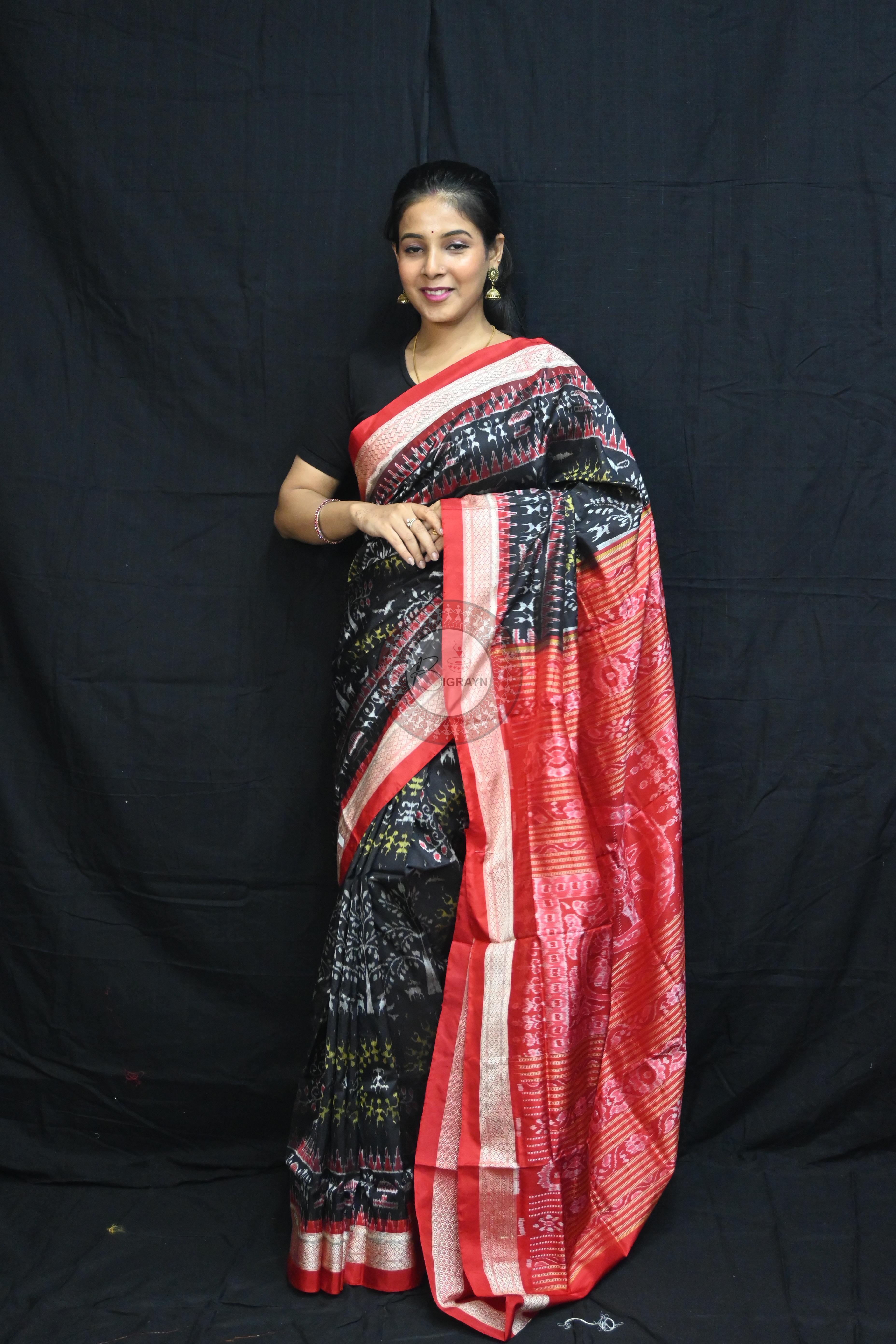 Black Red Trees Tribal Circles Sambalpuri Silk