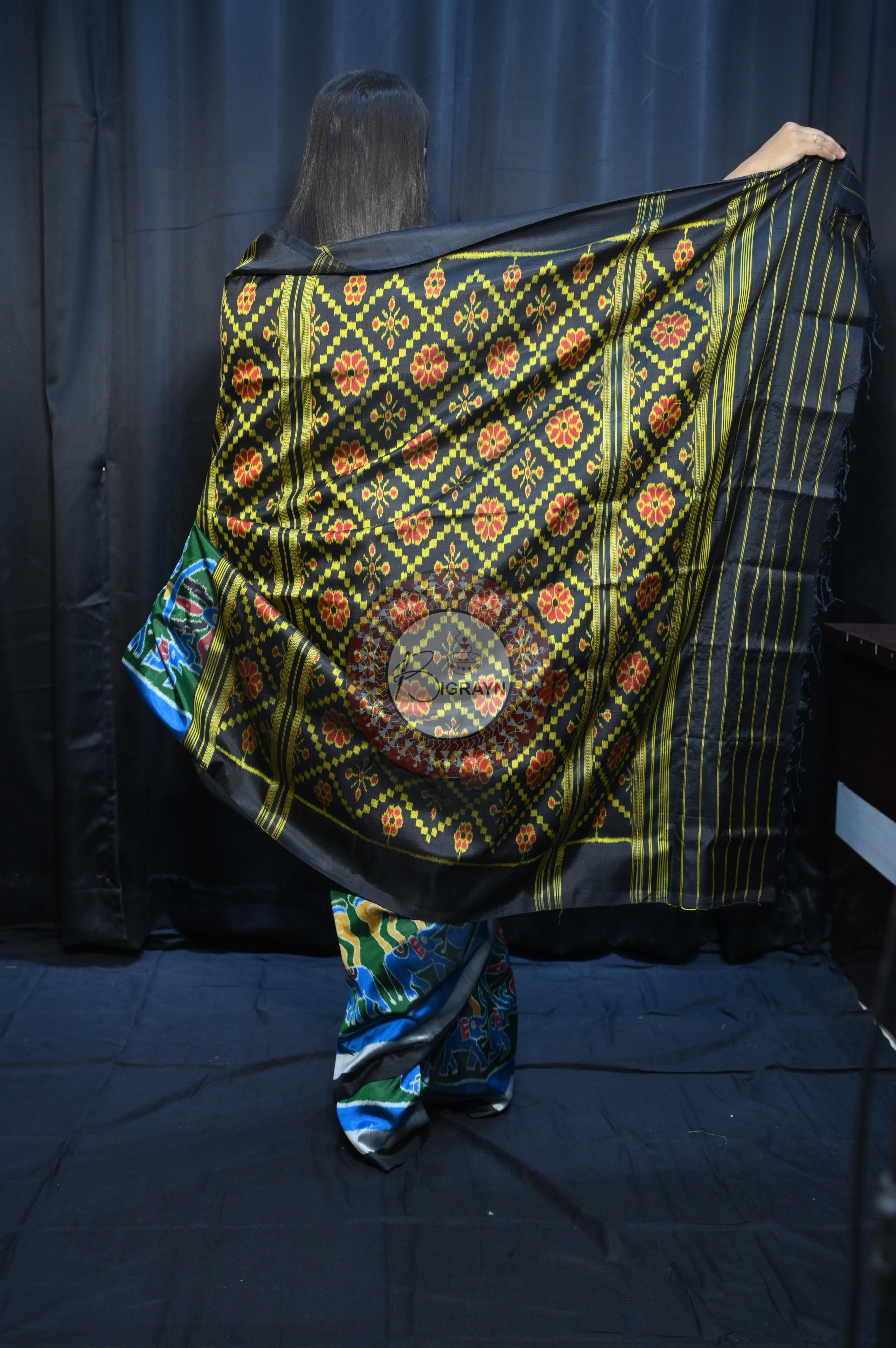 Buttle Green Multi Colour Scot Elephant And Konark Wheel Design Mulberry Silk Saree