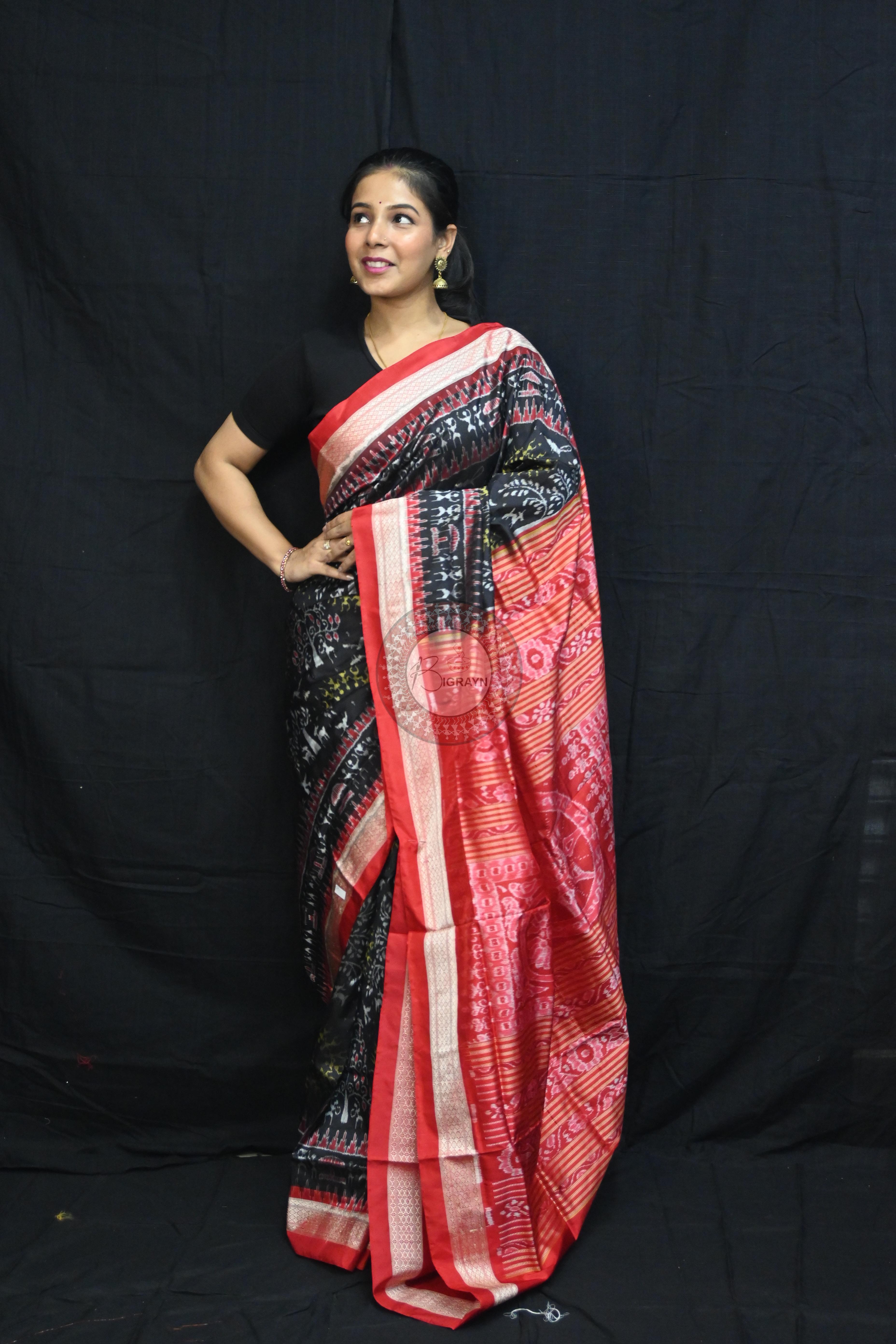 Black Red Trees Tribal Circles Sambalpuri Silk