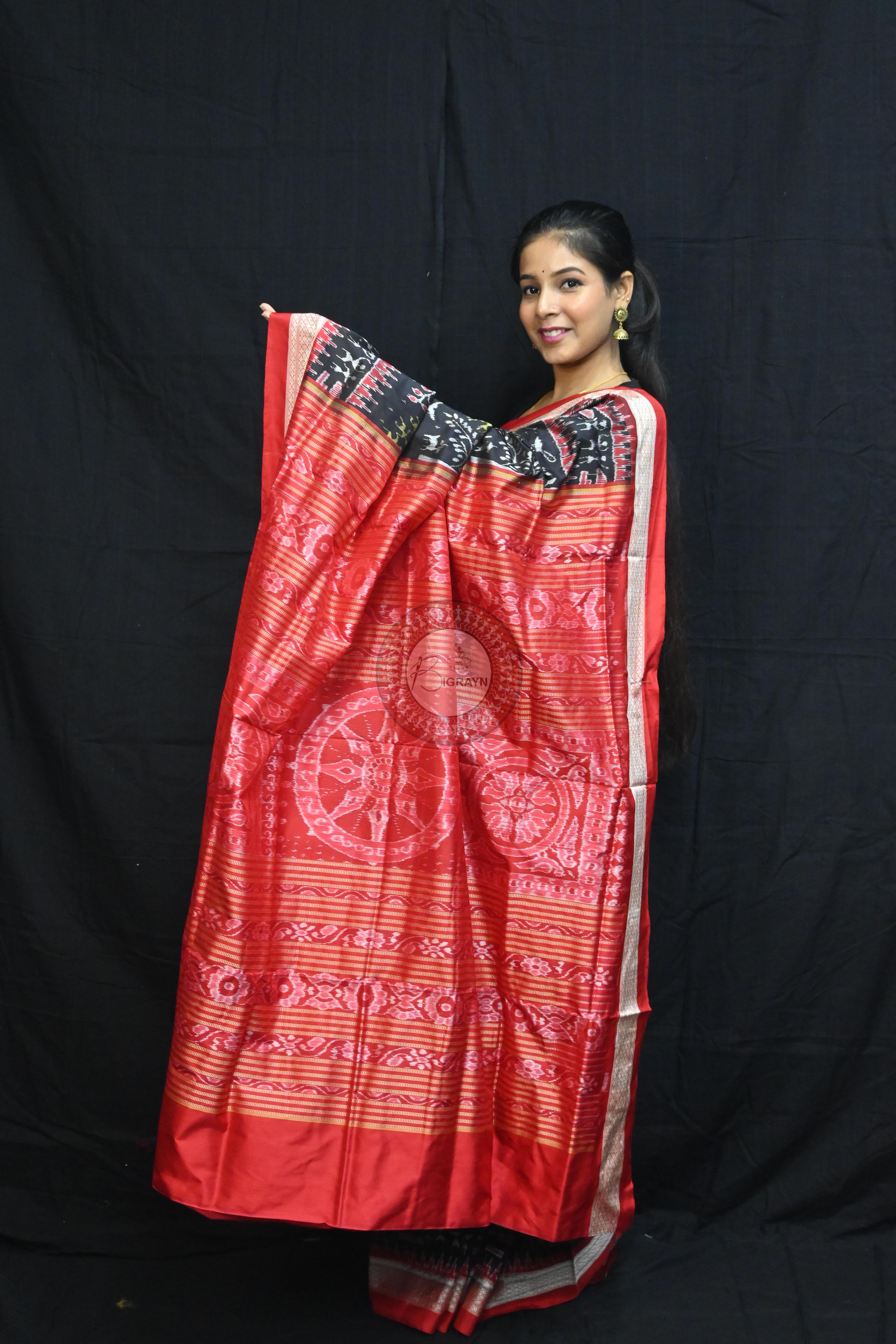 Black Red Trees Tribal Circles Sambalpuri Silk