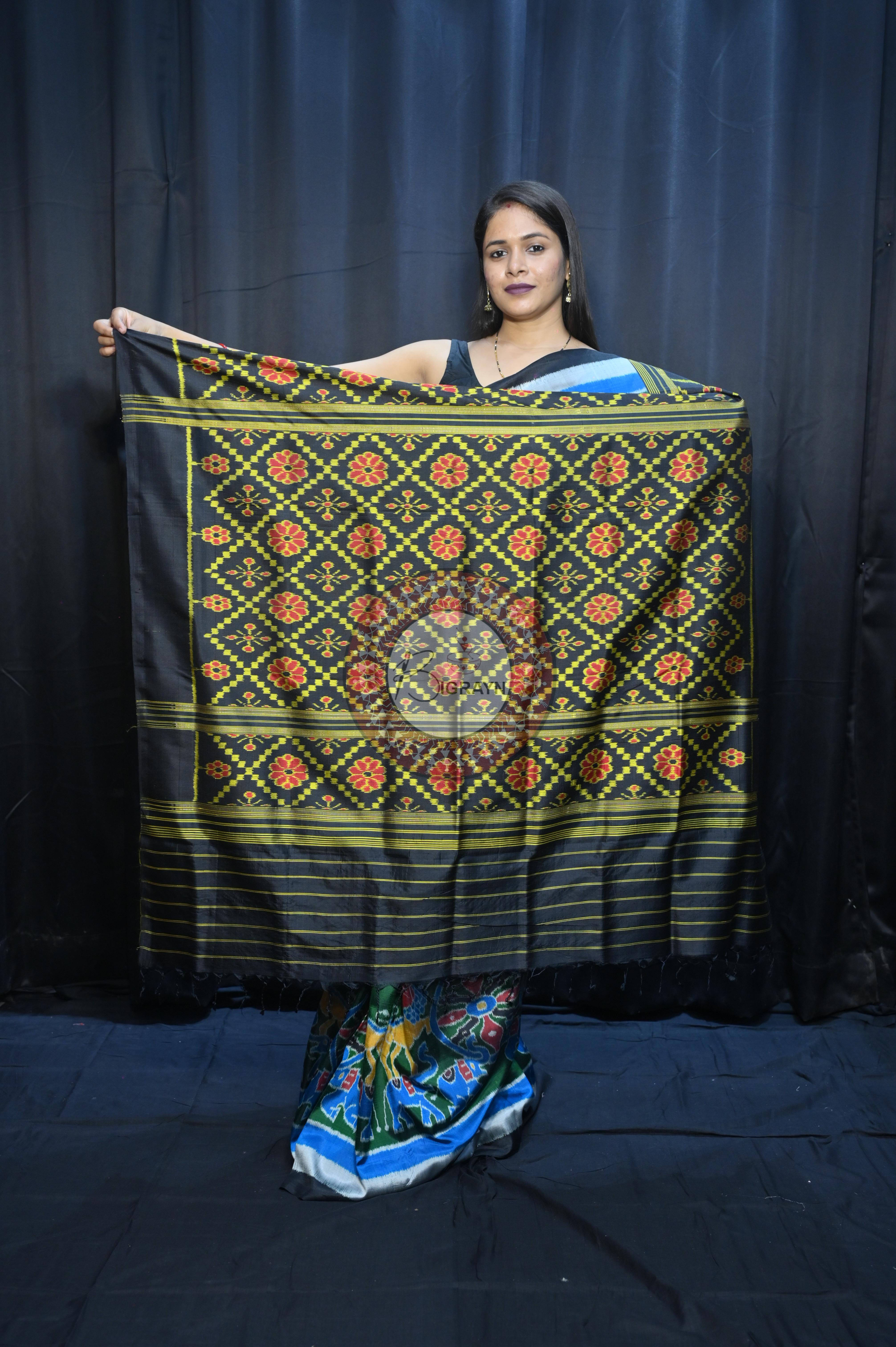 Buttle Green Multi Colour Scot Elephant And Konark Wheel Design Mulberry Silk Saree