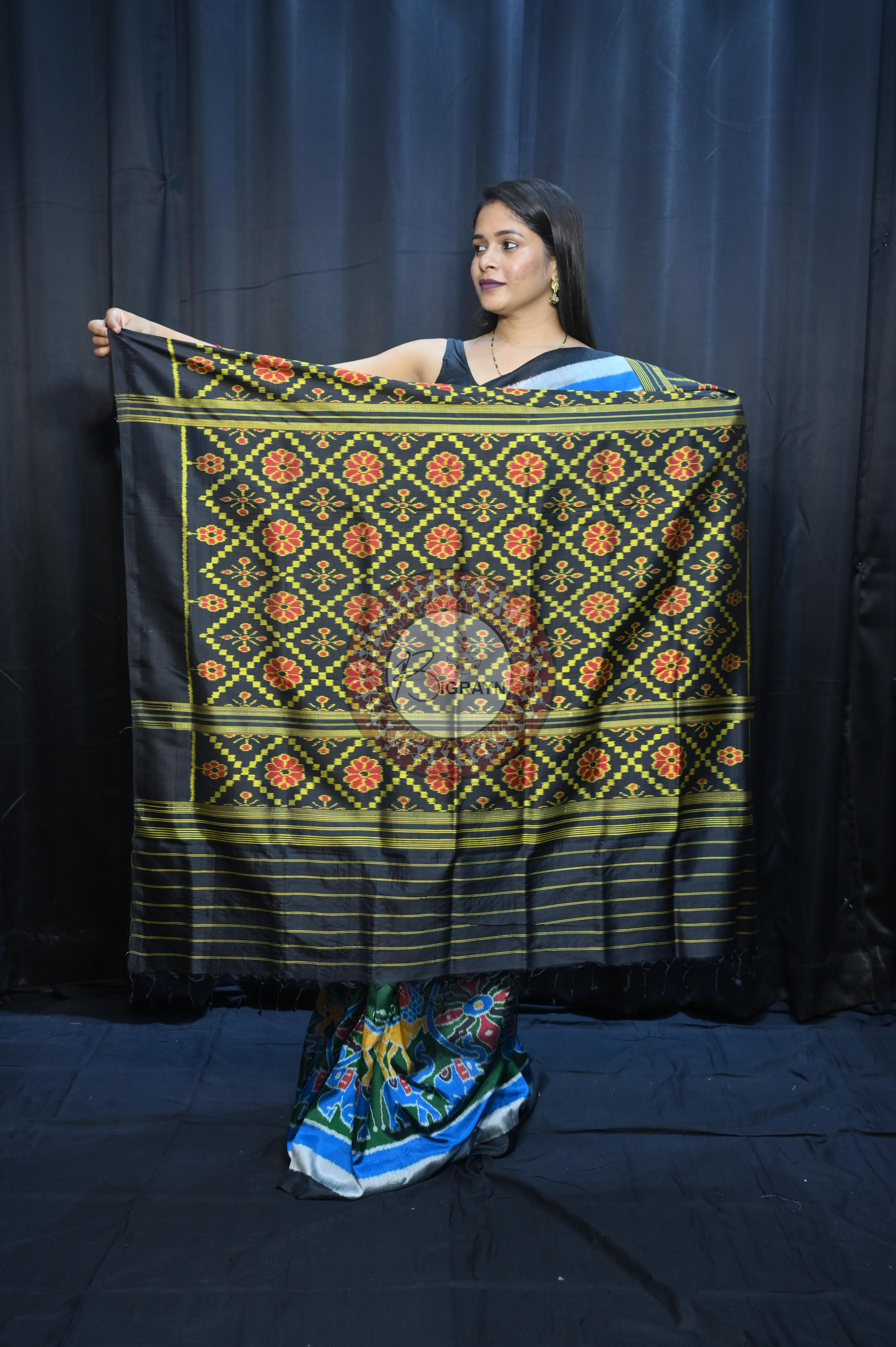 Buttle Green Multi Colour Scot Elephant And Konark Wheel Design Mulberry Silk Saree