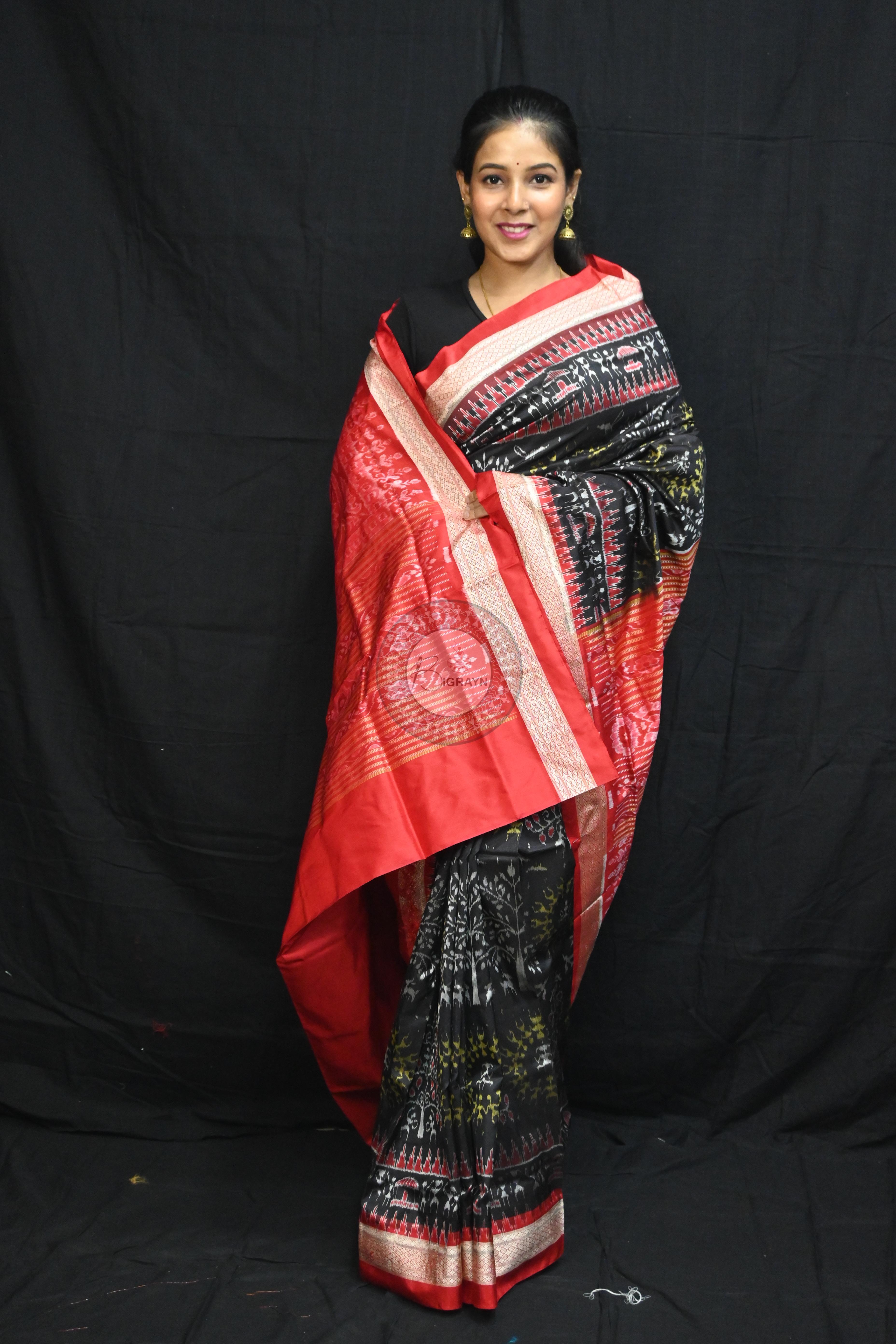 Black Red Trees Tribal Circles Sambalpuri Silk