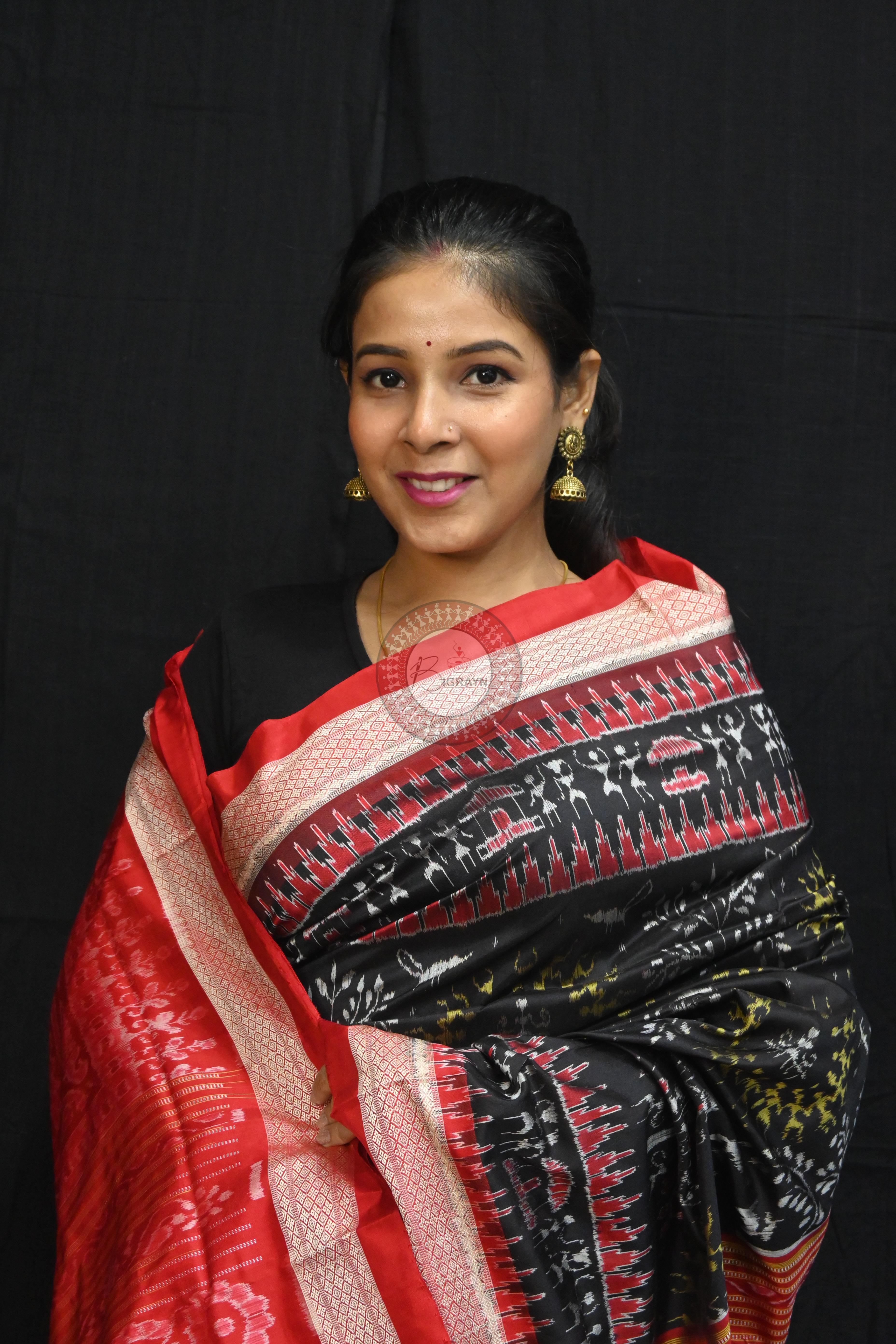 Black Red Trees Tribal Circles Sambalpuri Silk