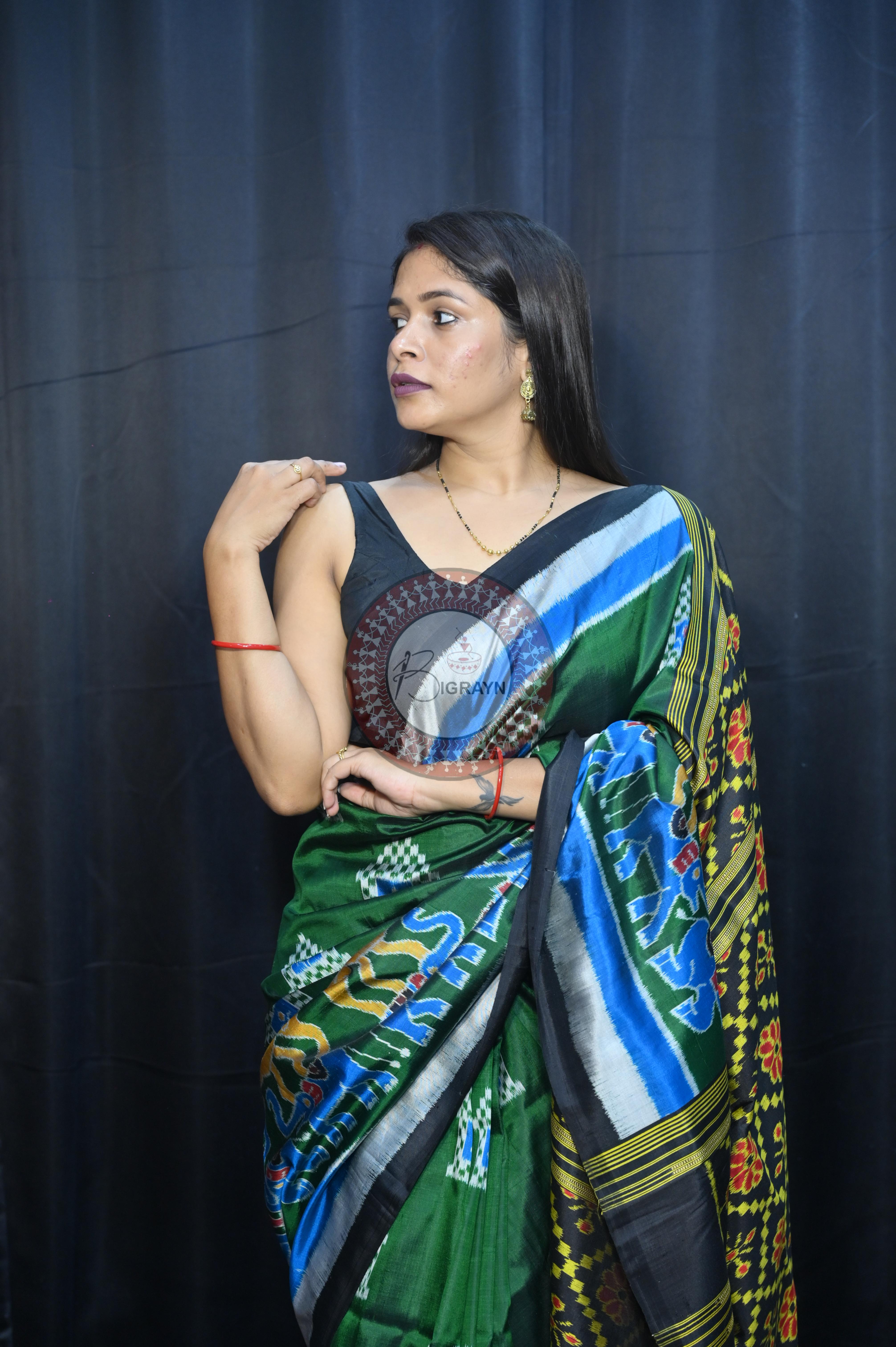 Buttle Green Multi Colour Scot Elephant And Konark Wheel Design Mulberry Silk Saree