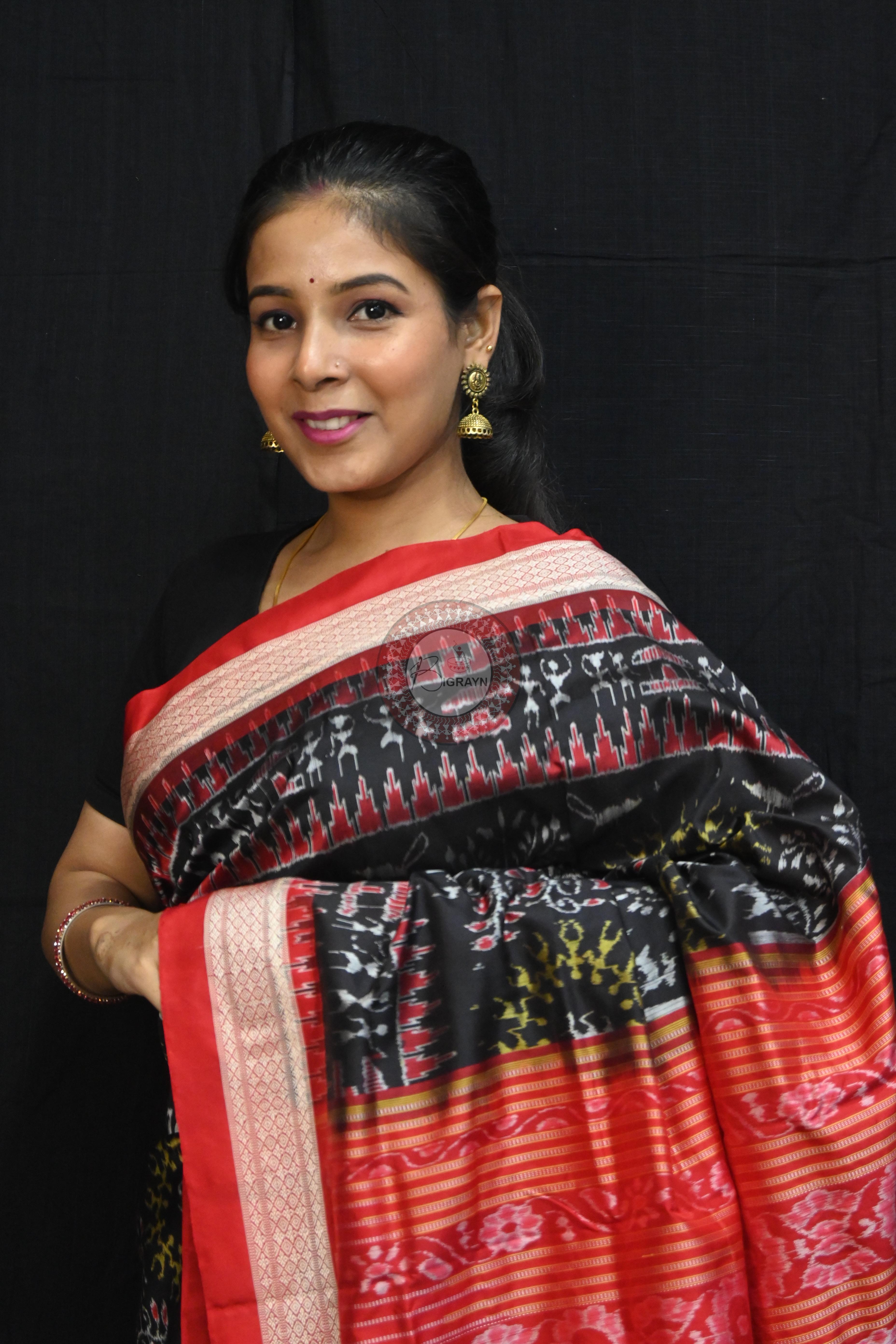 Black Red Trees Tribal Circles Sambalpuri Silk