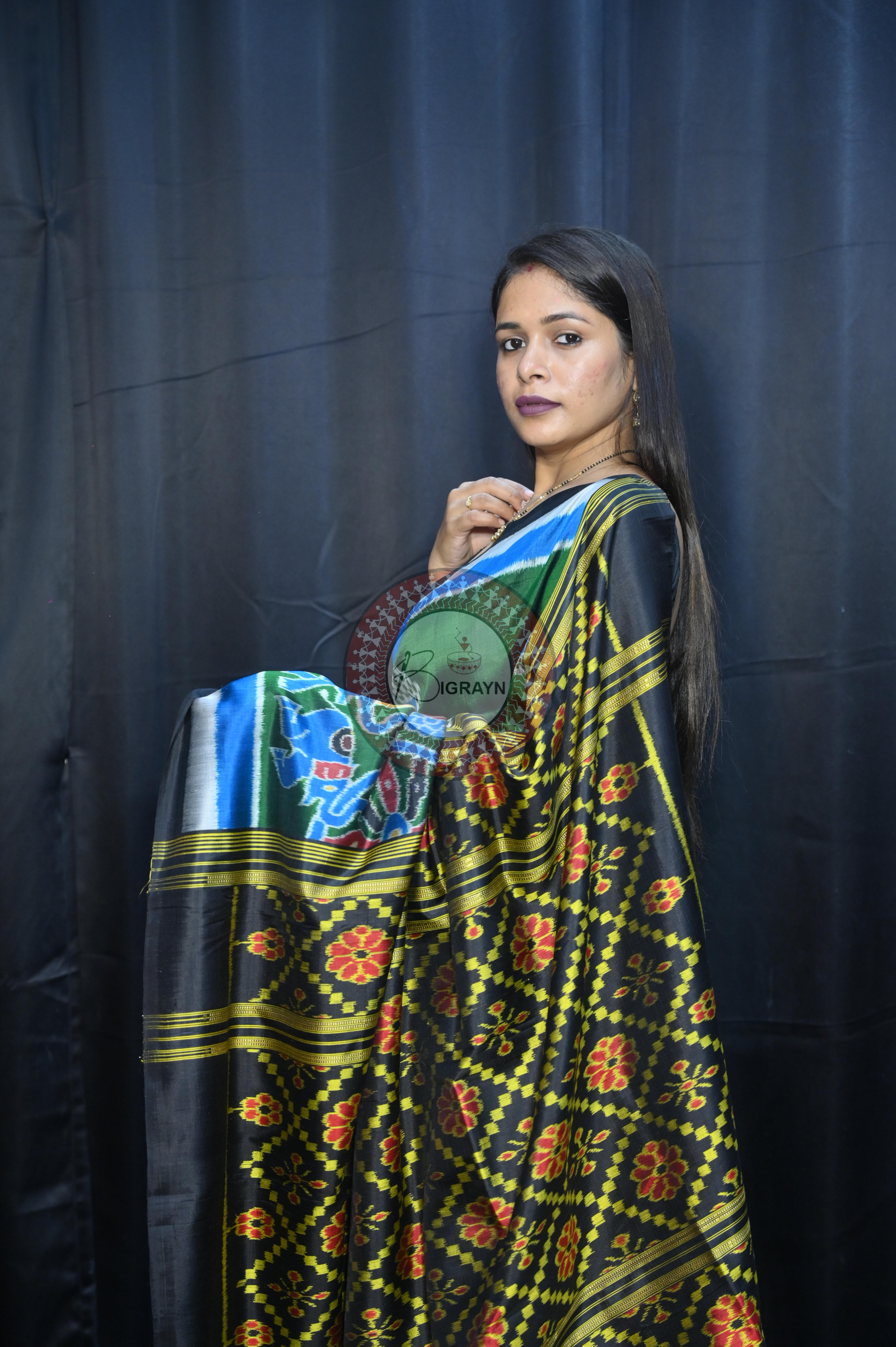Buttle Green Multi Colour Scot Elephant And Konark Wheel Design Mulberry Silk Saree
