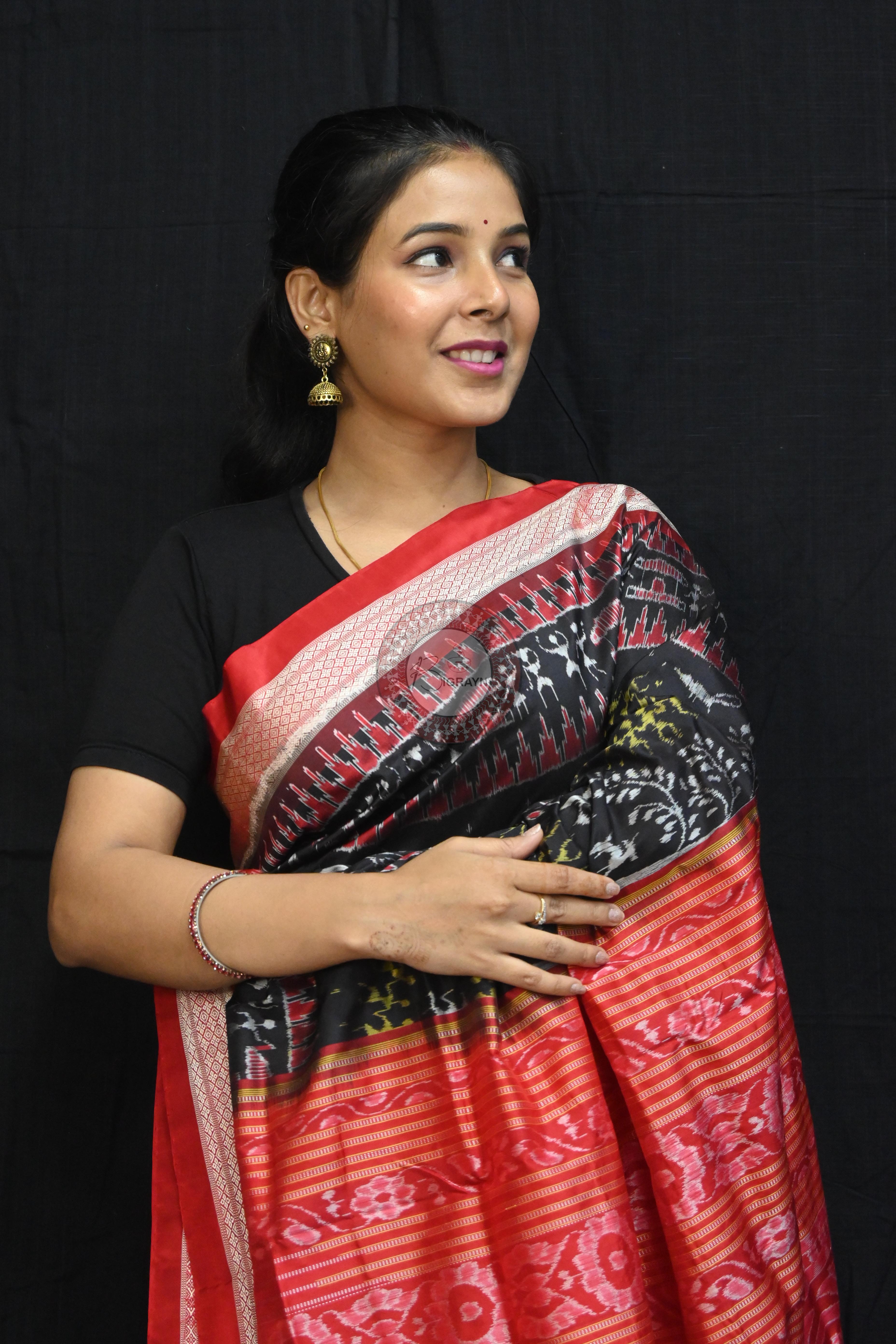 Black Red Trees Tribal Circles Sambalpuri Silk